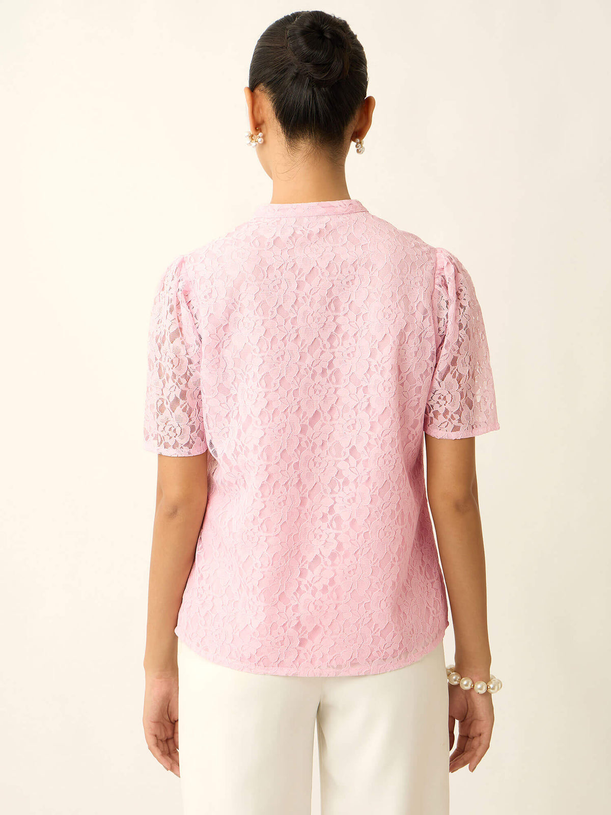 Ismeria V-Neck Placket Lace Top-Pink