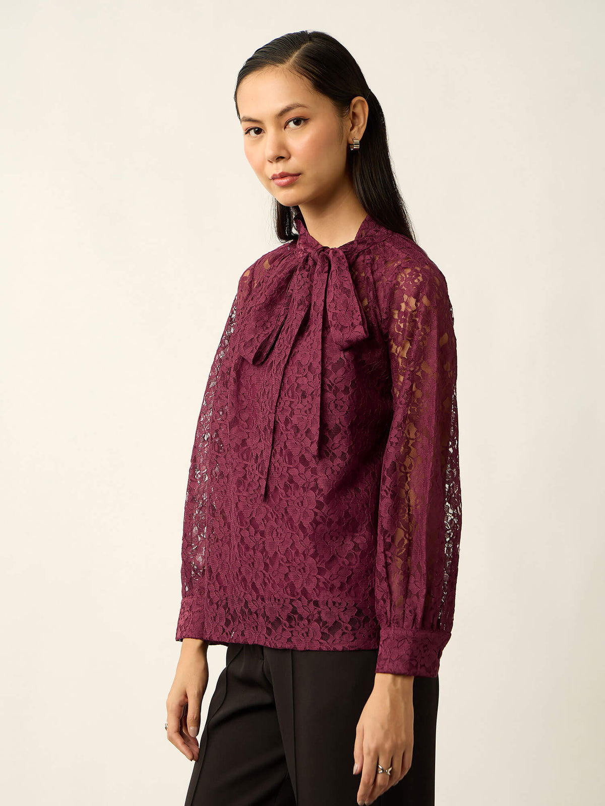 Evania Tie-Up Lace Top-Wine