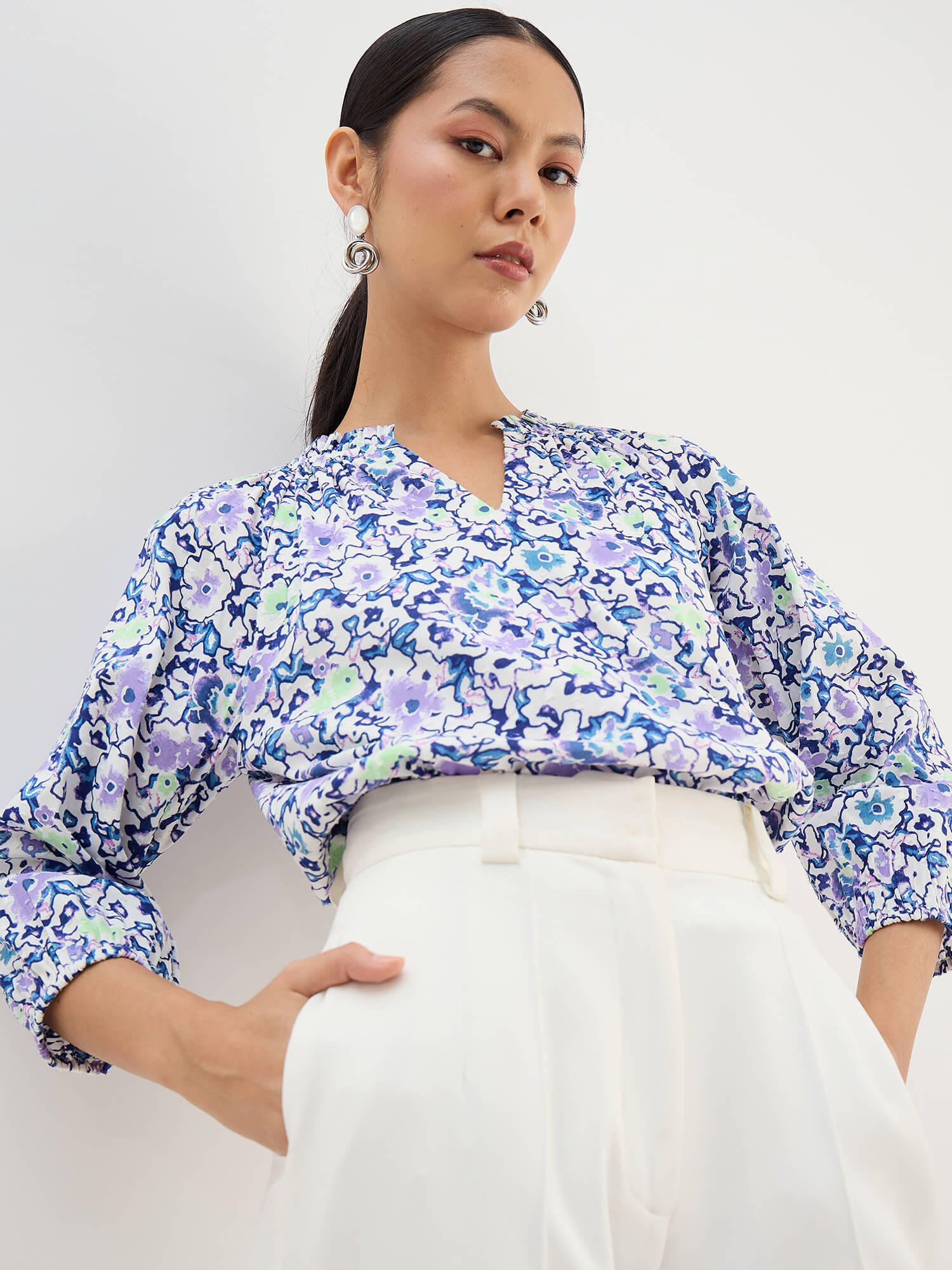 Seagrass Violet Abstract Gathered Top-Multicolor