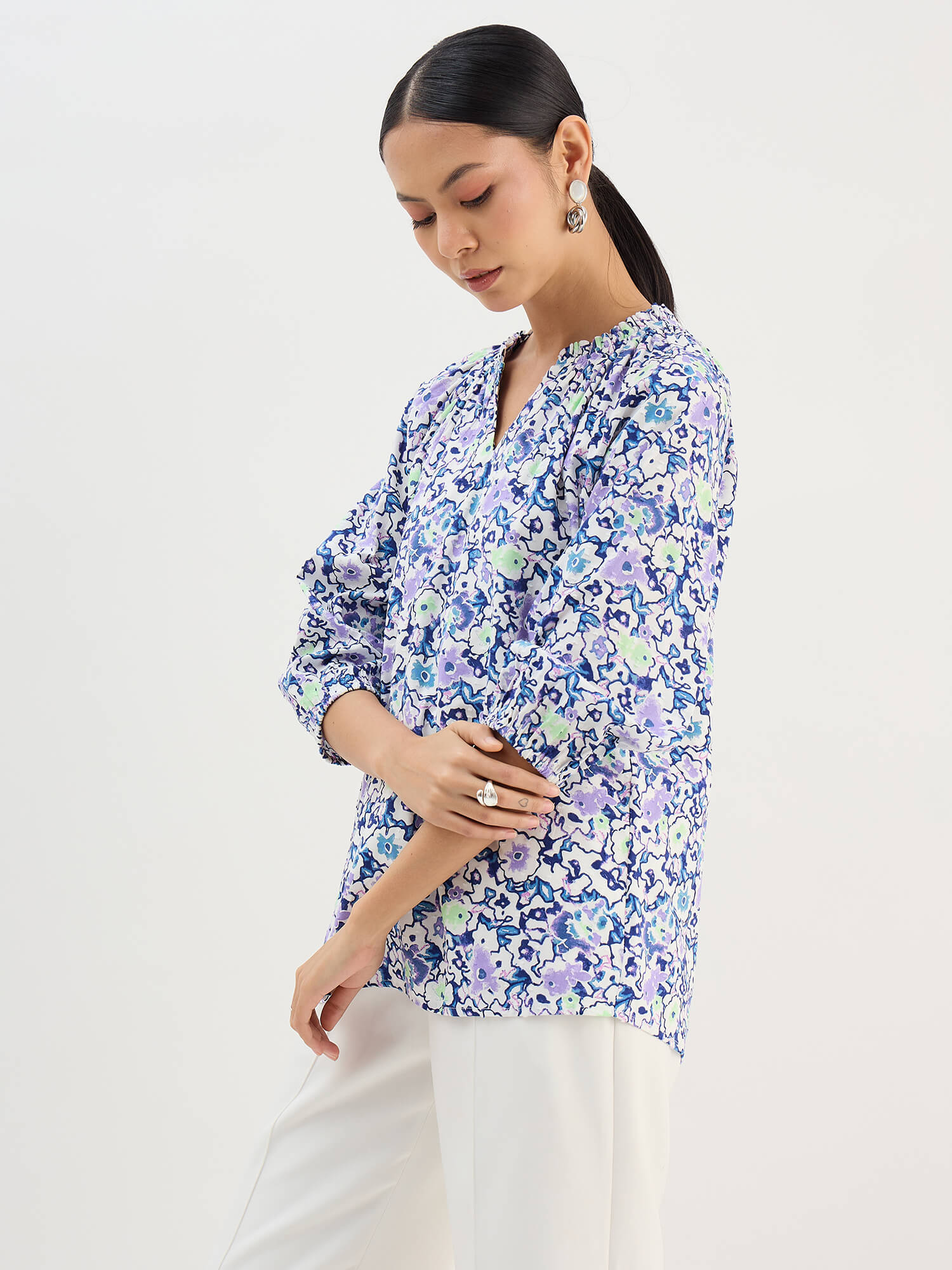 Seagrass Violet Abstract Gathered Top-Multicolor