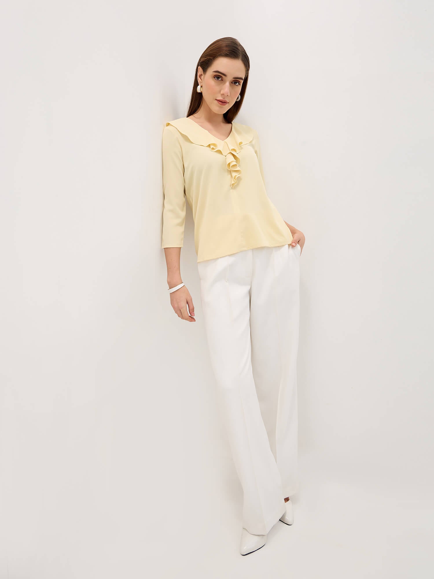 Midnight Kiss Ruffled Neckline Top-Pastel Yellow