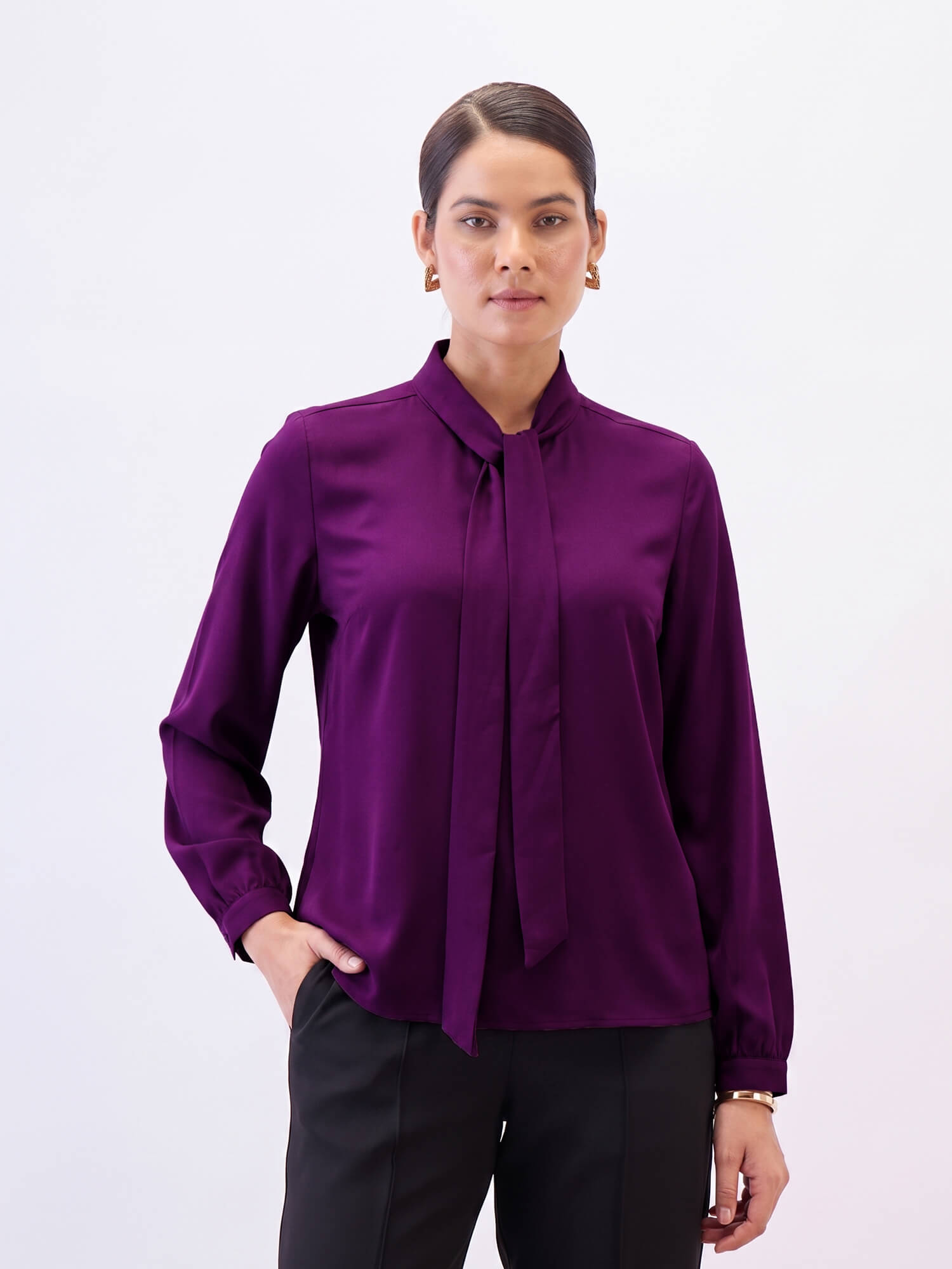 Polly Neck Tie Top-Plum