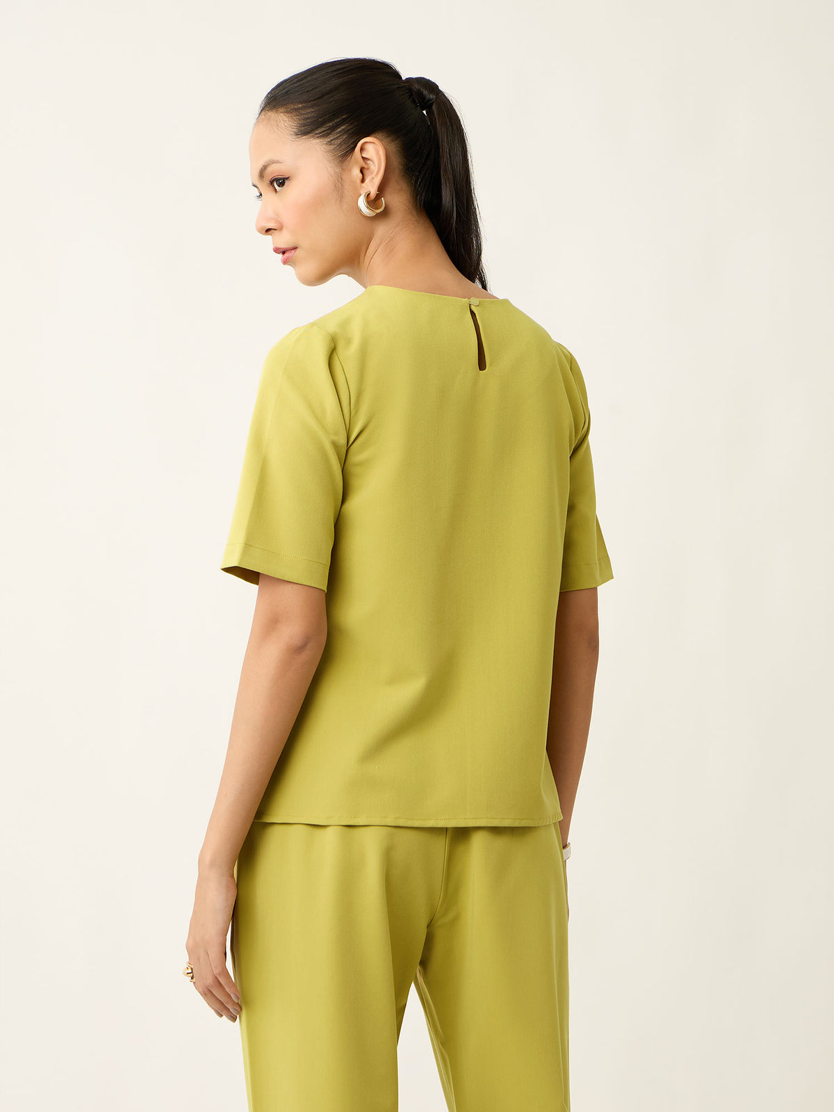 Yumi Round Neck Inverted Pleat Top-Chartreuse