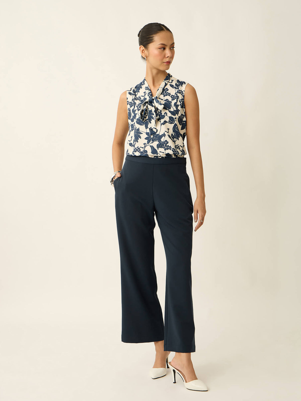 Mirelle Neck Tie Up Printed Top-Off White