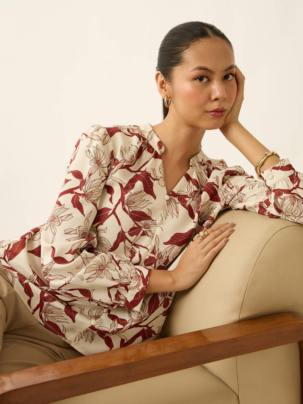 Odyssey-Leaf Print Gathered V-Neck Buttoned Printed Top-Cream