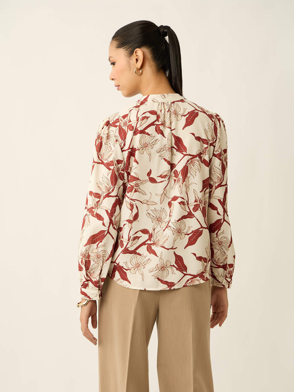 Odyssey-Leaf Print Gathered V-Neck Buttoned Printed Top-Cream
