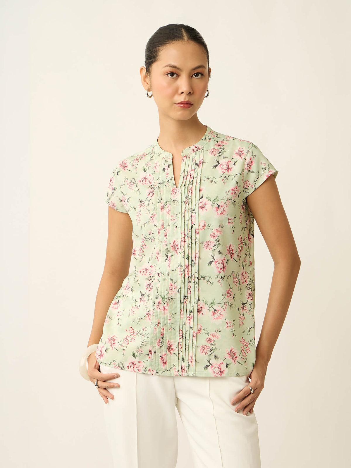 Helix-Floral Print Front Pintuck Detail Printed Top-Pastel Green