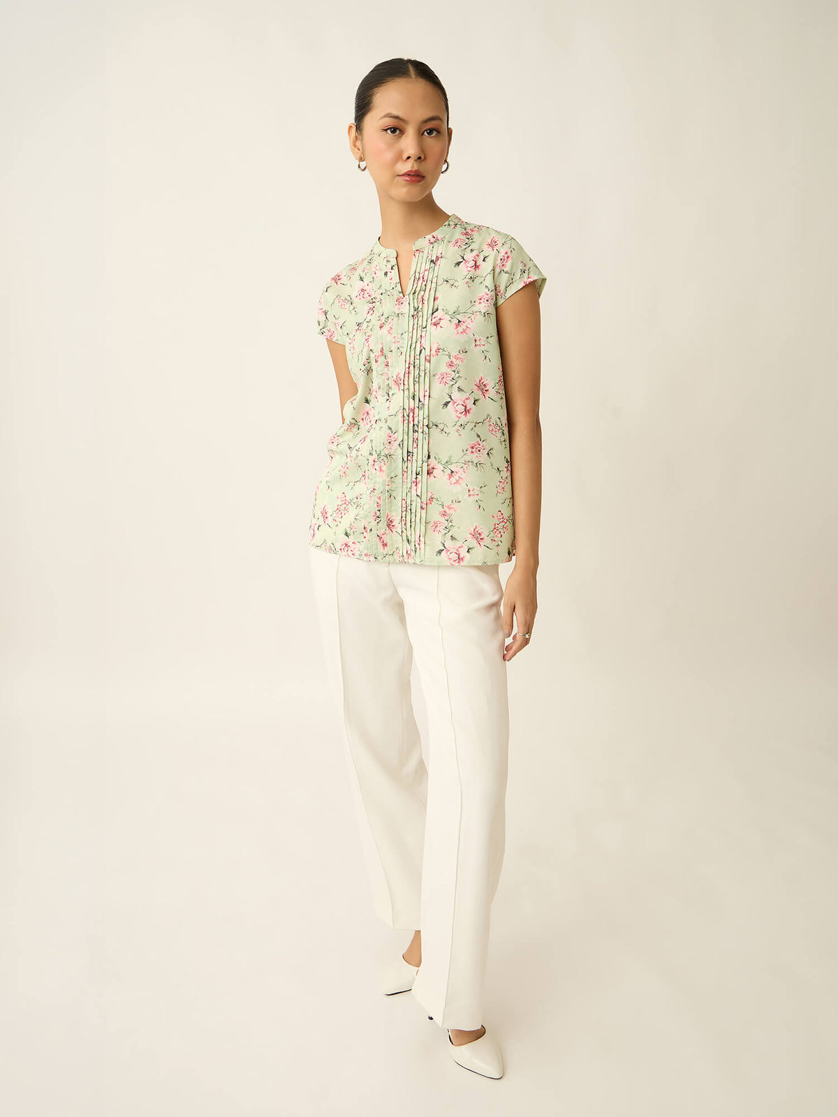 Helix-Floral Print Front Pintuck Detail Printed Top-Pastel Green