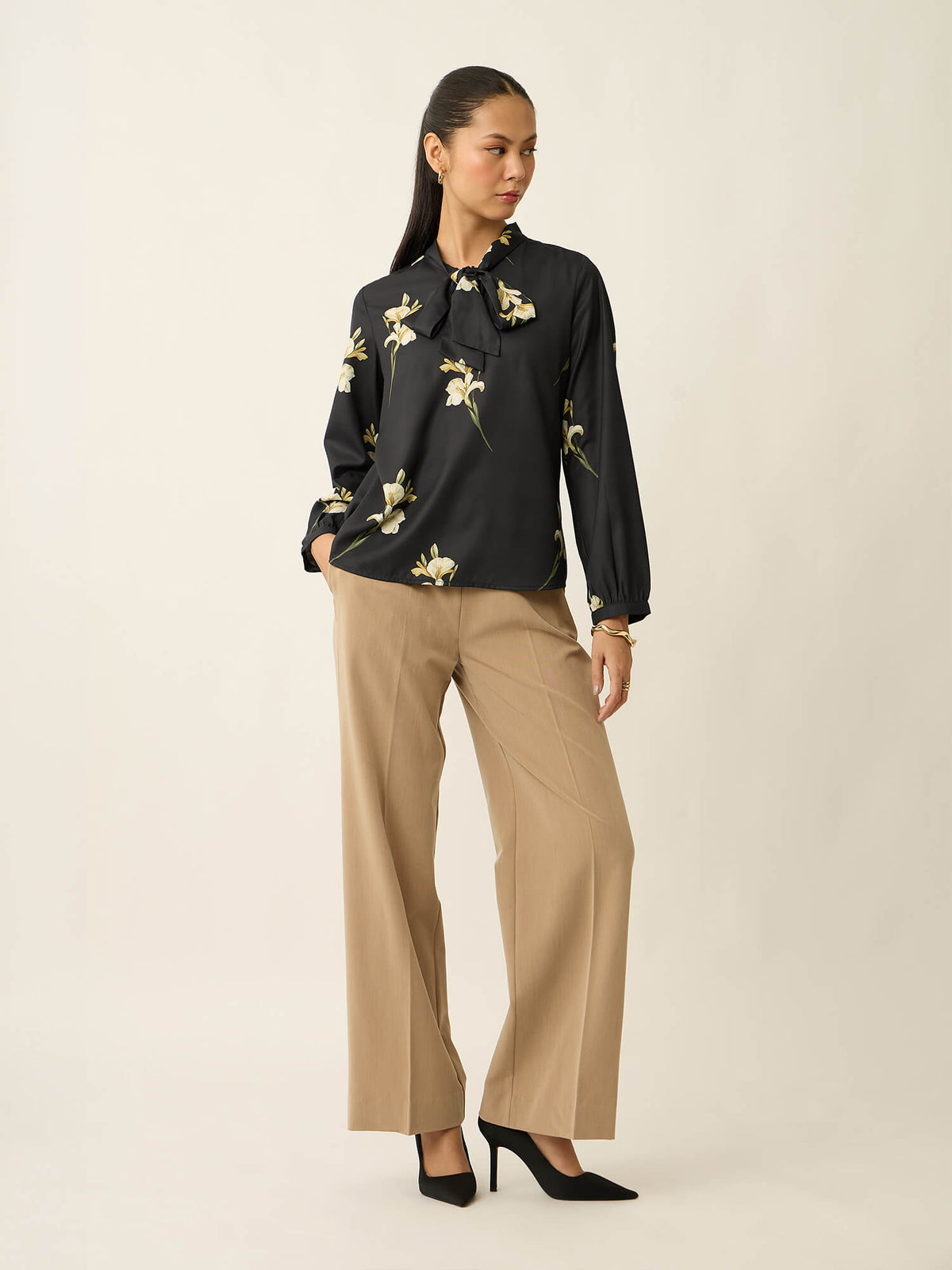 Polly-Tulip Print Neck Tie Printed Top-Black