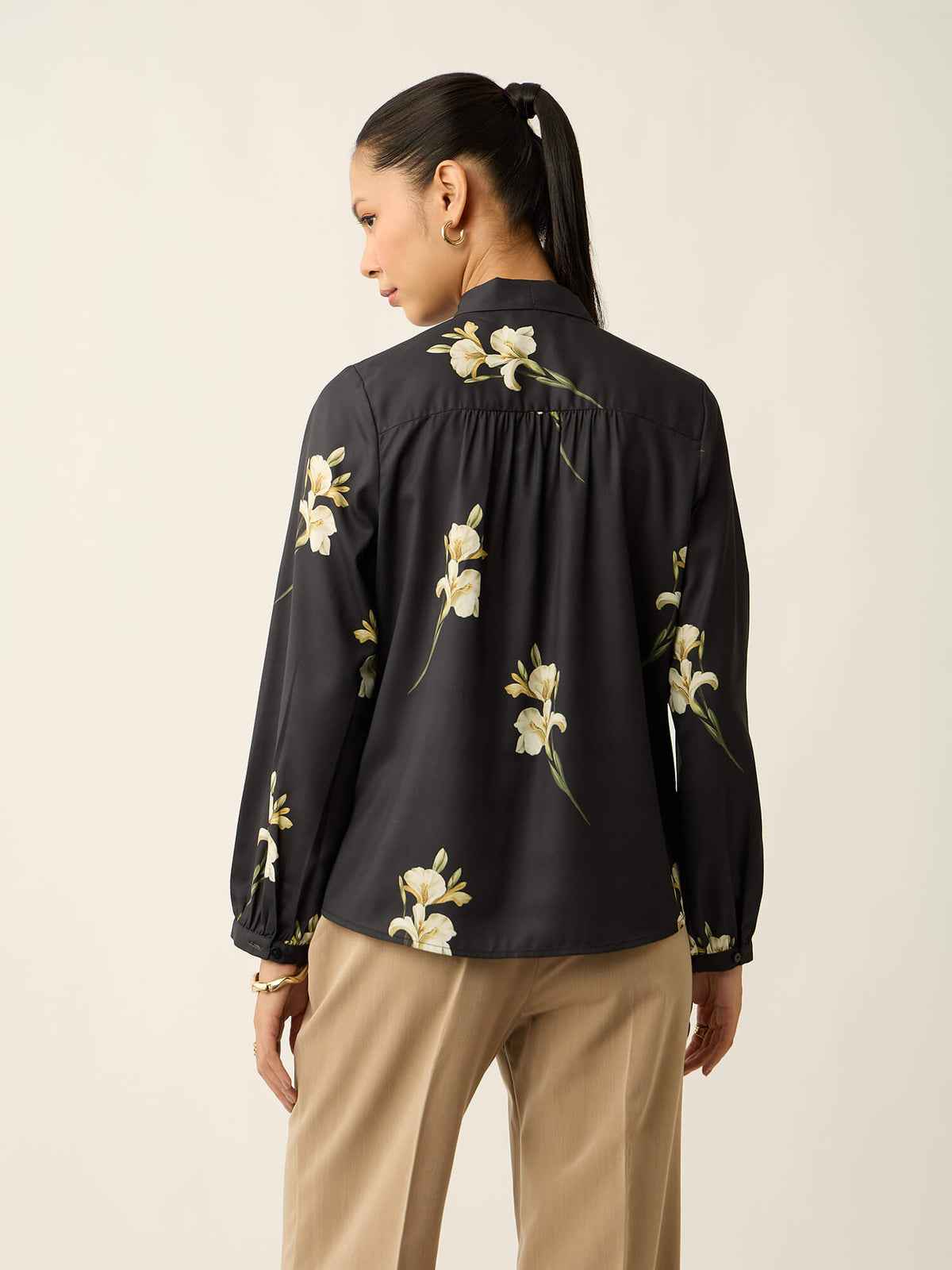Polly-Tulip Print Neck Tie Printed Top-Black