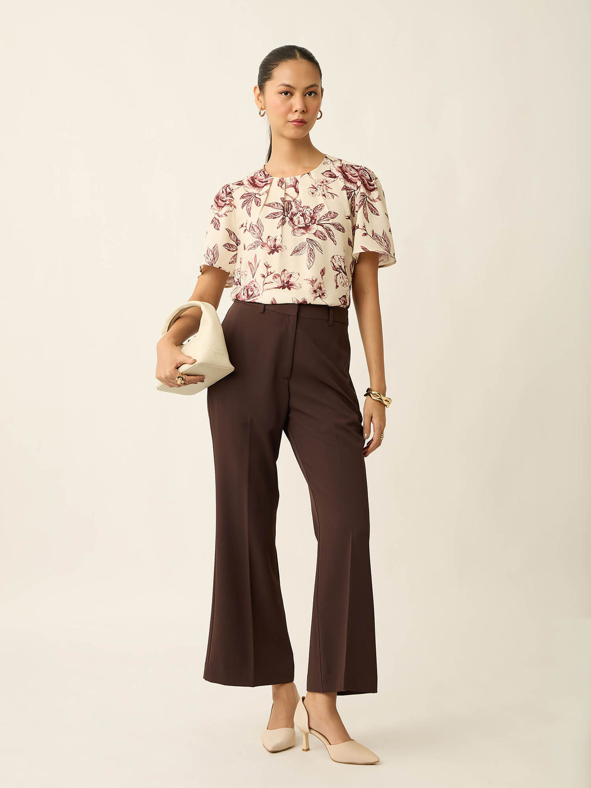 Medley-Floral Print Pleated Neck Printed Top-Cream