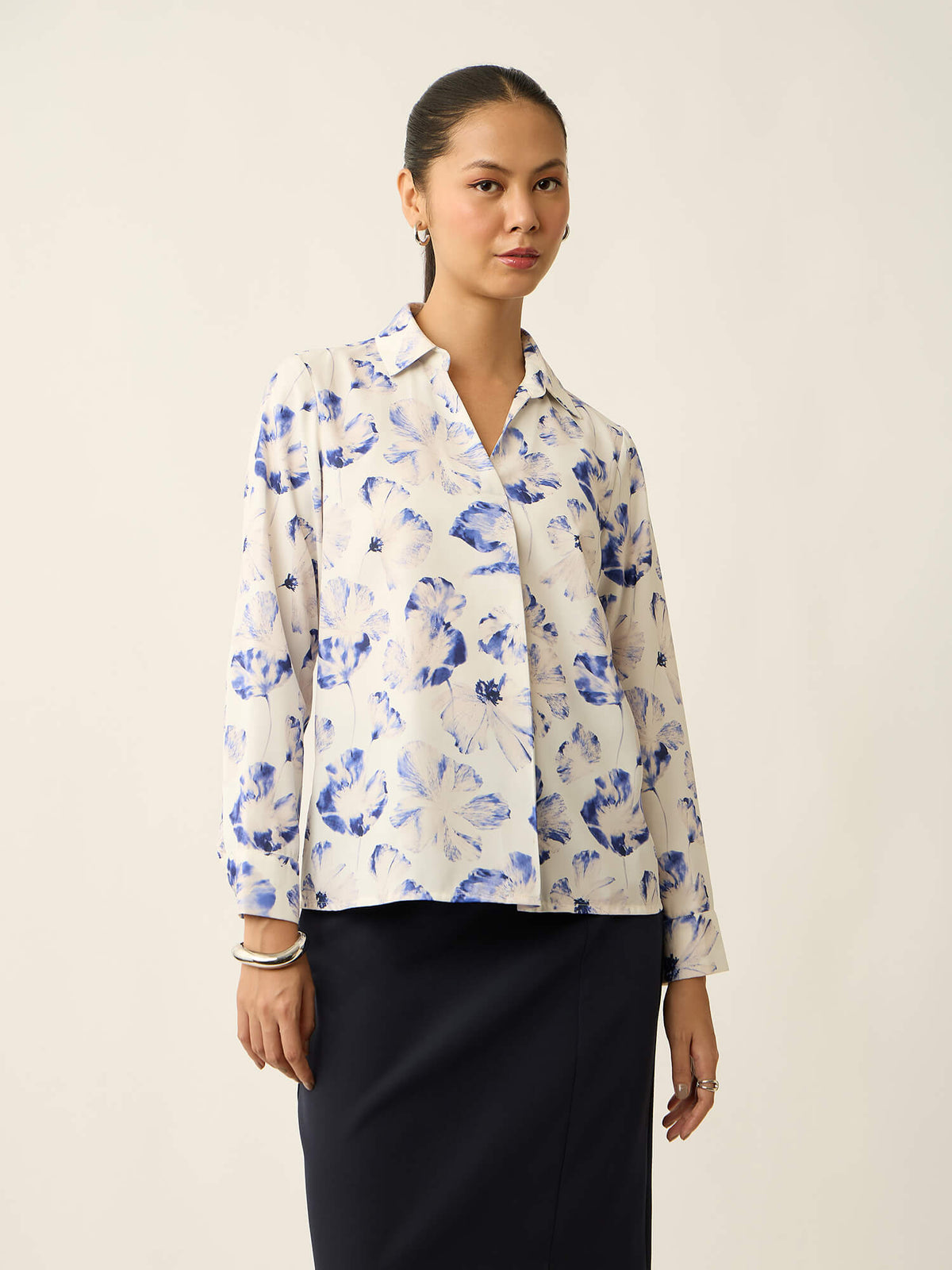 Andorra-Floral Print Front Pleat With Metallic Button Top-White