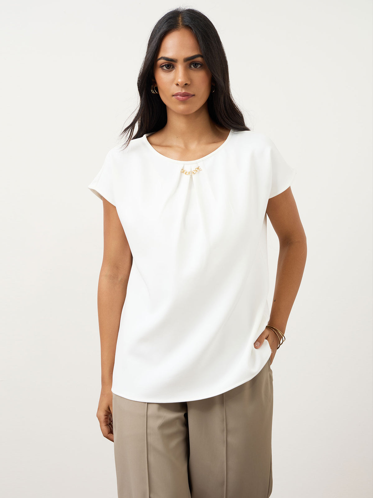 Jemma Centre Front Pleated Drop Shoulder Top-White
