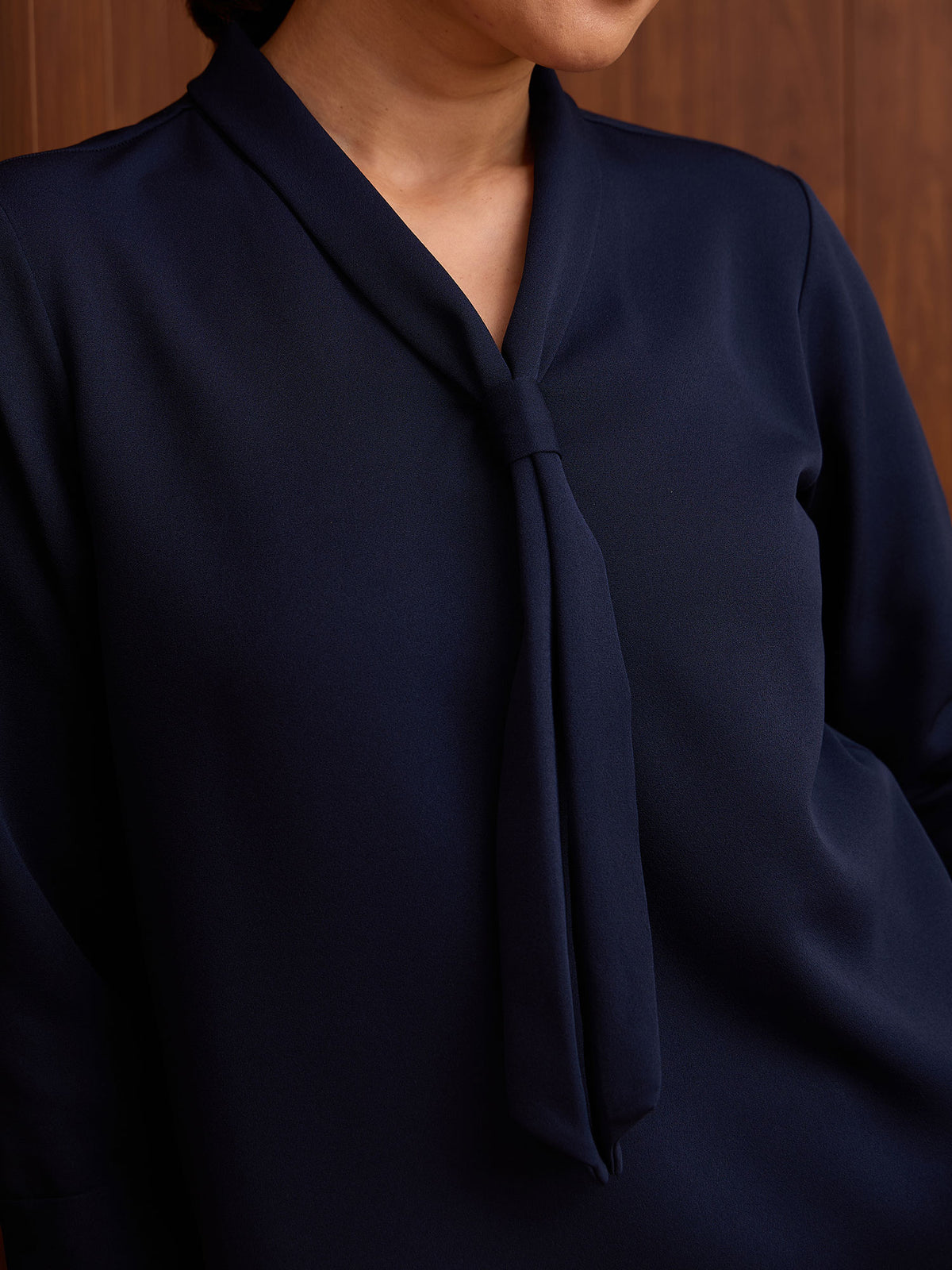 New Moon Notch Collar Tie Top -Oxford Blue
