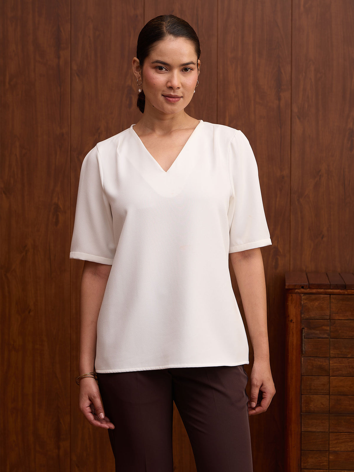 Genteel V-Neck Top-White