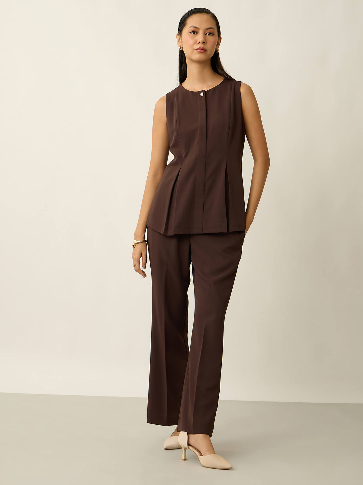 Mireya Pleated Peplum Waistcoat-Brown