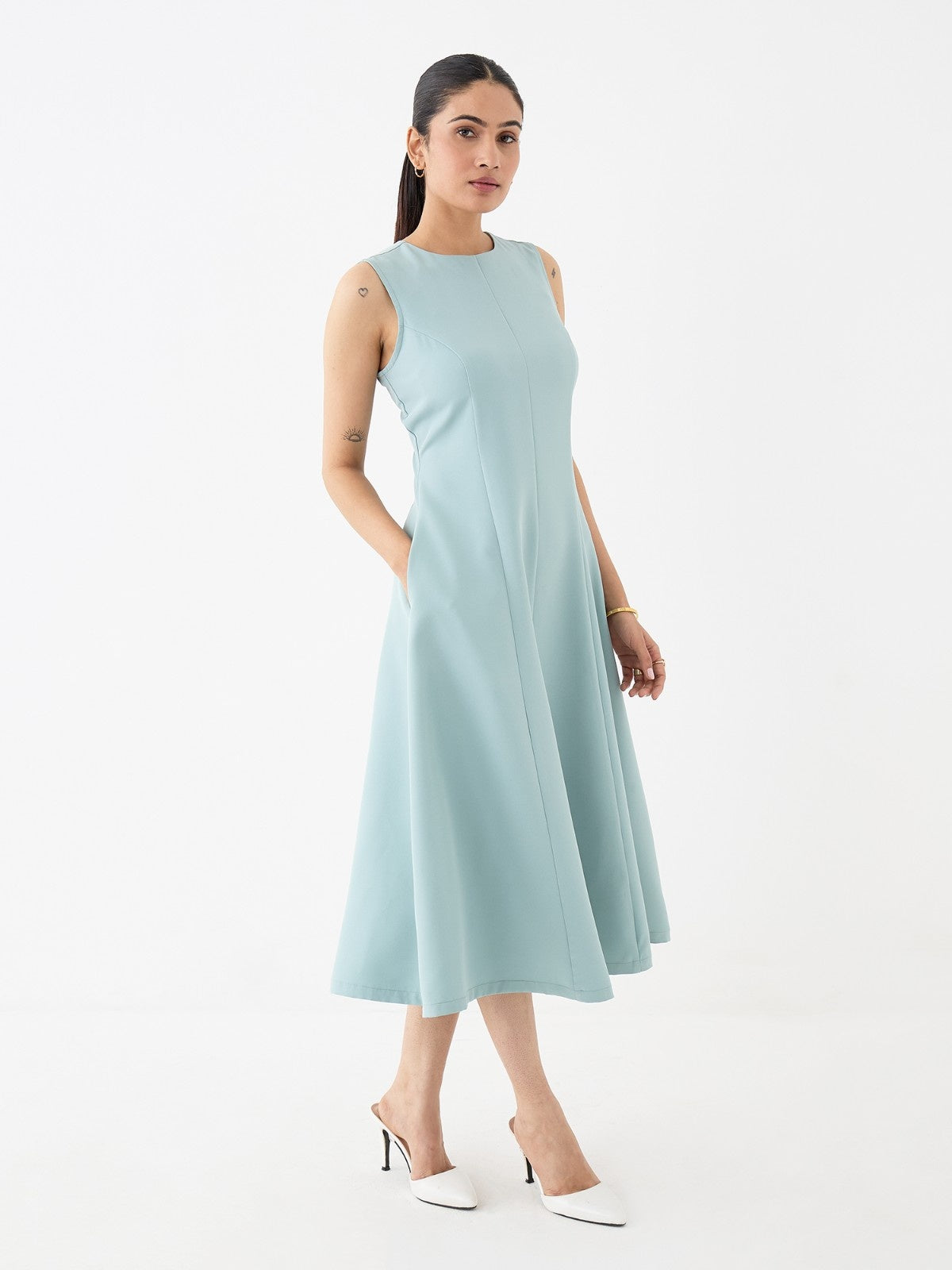 Moondel Panelled Detail Fit And Flare Dress-Mint Blue - SALT Attire