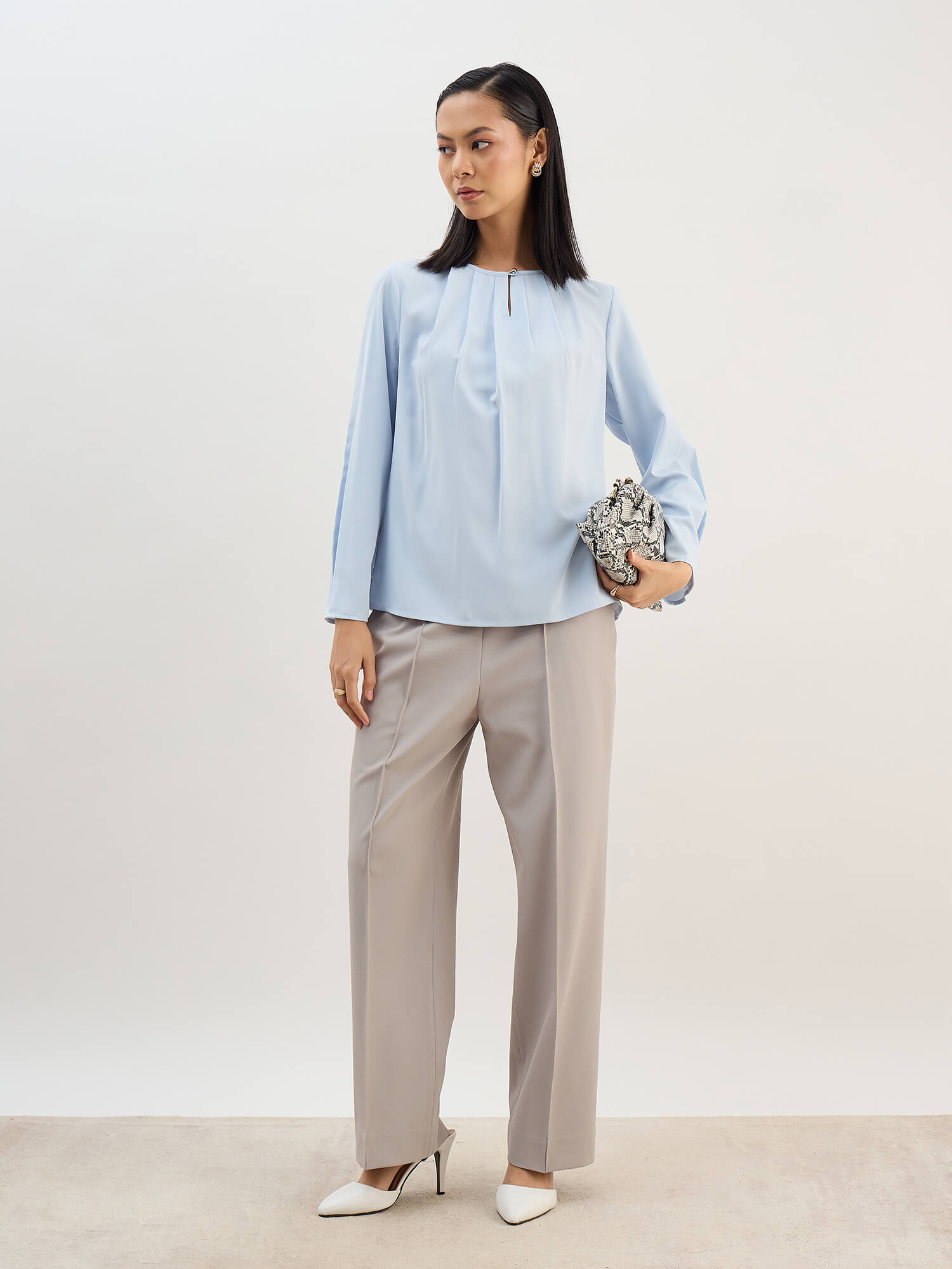 Noela Pleated Neck Keyhole Top -Blue