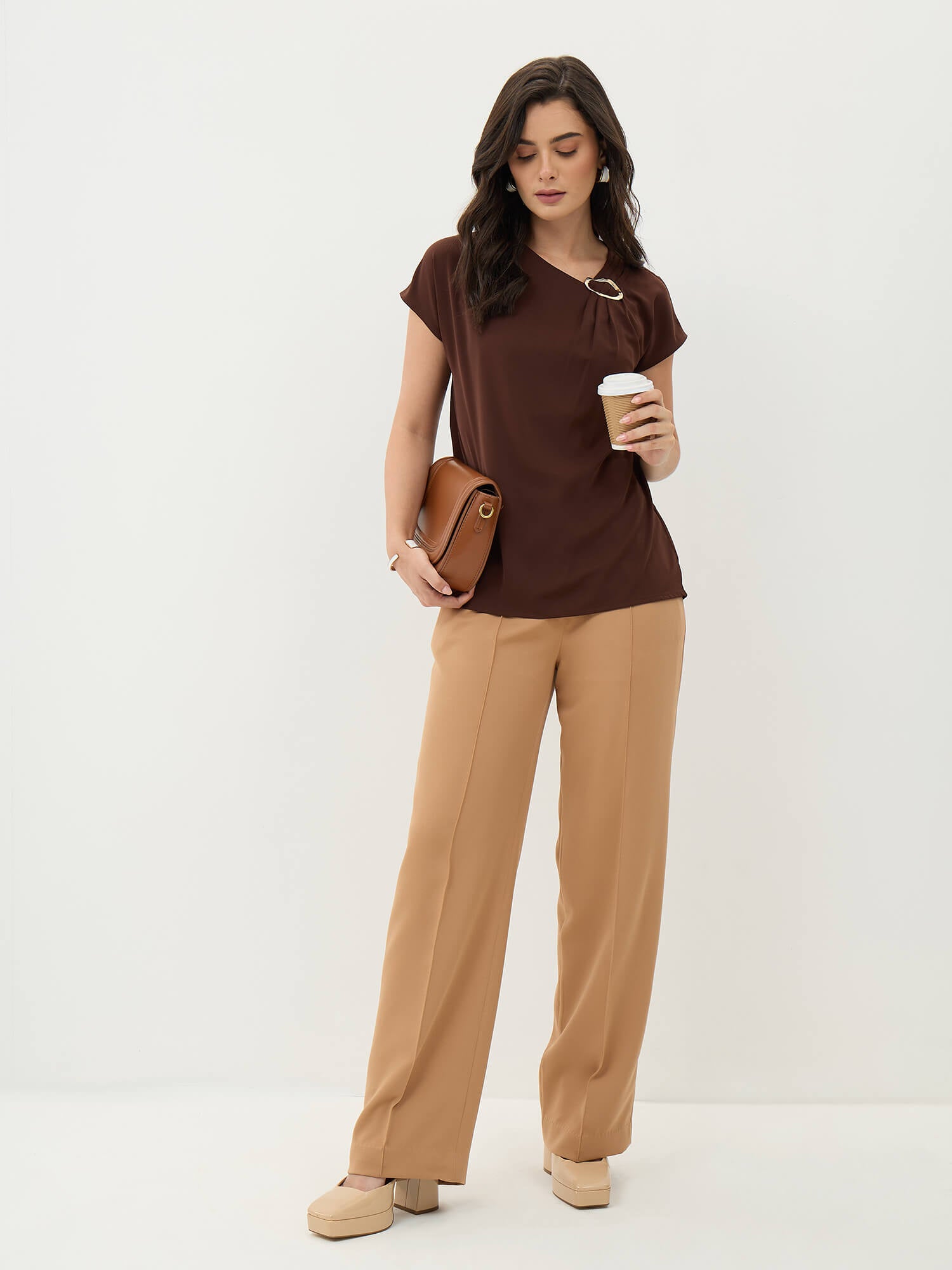 Thalia Asymmetric Neck Top With Trim Detail-Chocolate Brown