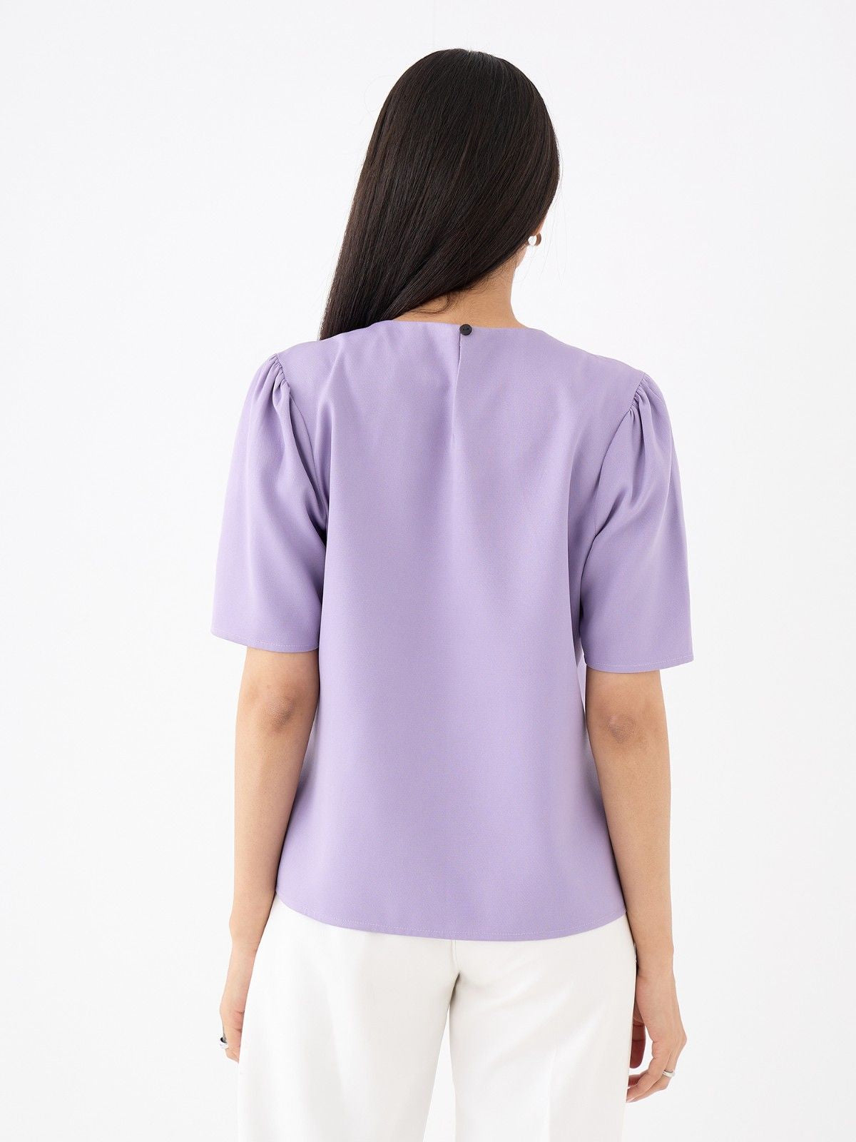 Knox Pleated Neck Top With Metal Bar And Gathered Sleeves-Lavender - SALT Attire