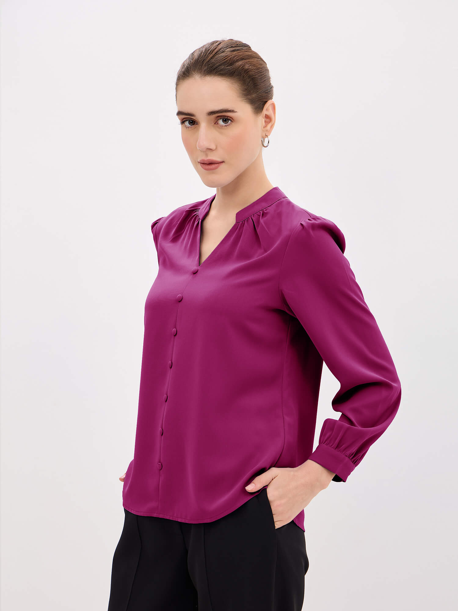 Odyssey Gathered V-Neck Buttoned Top-Pink