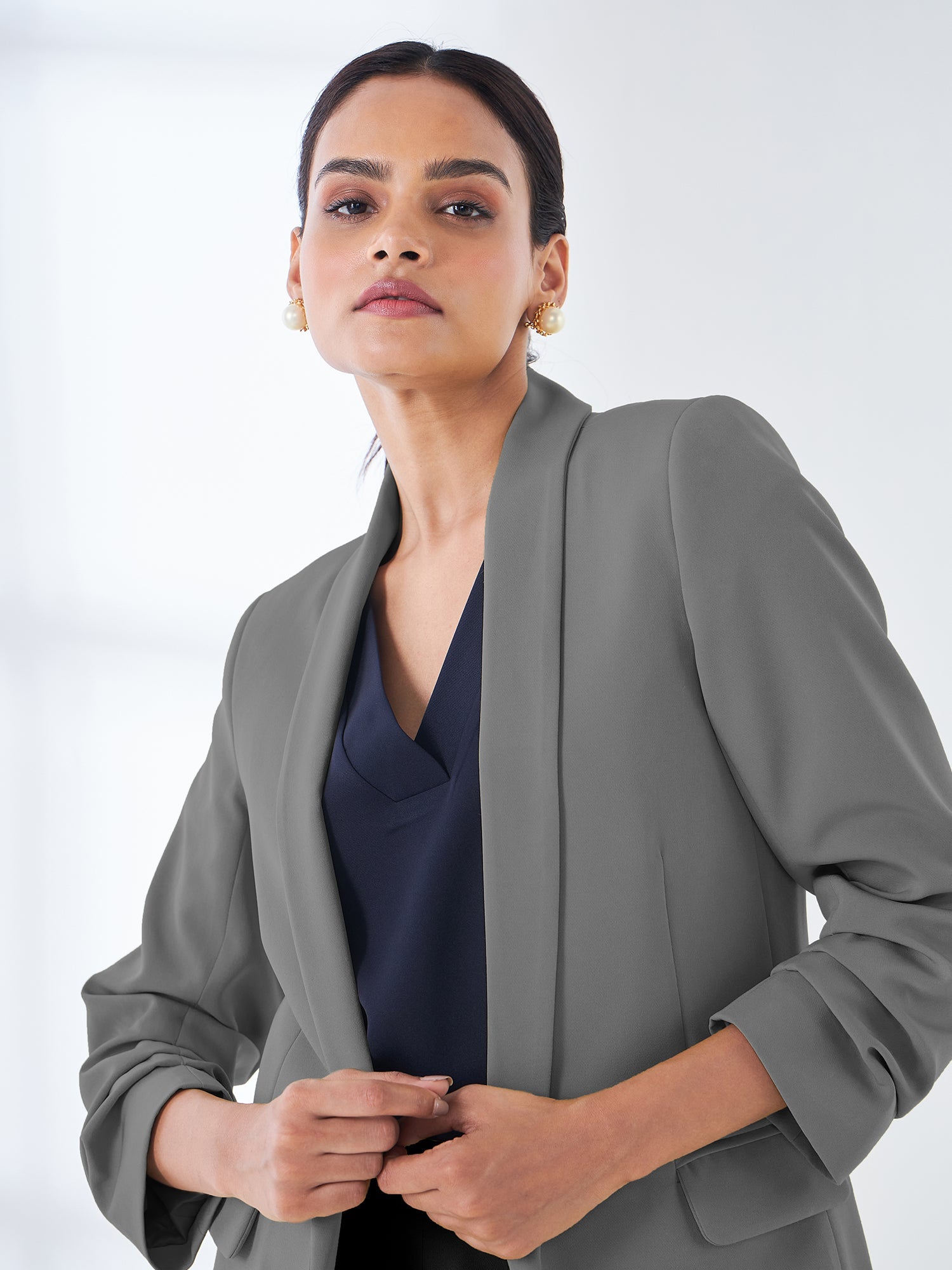 Grey ruched sleeve blazer sale