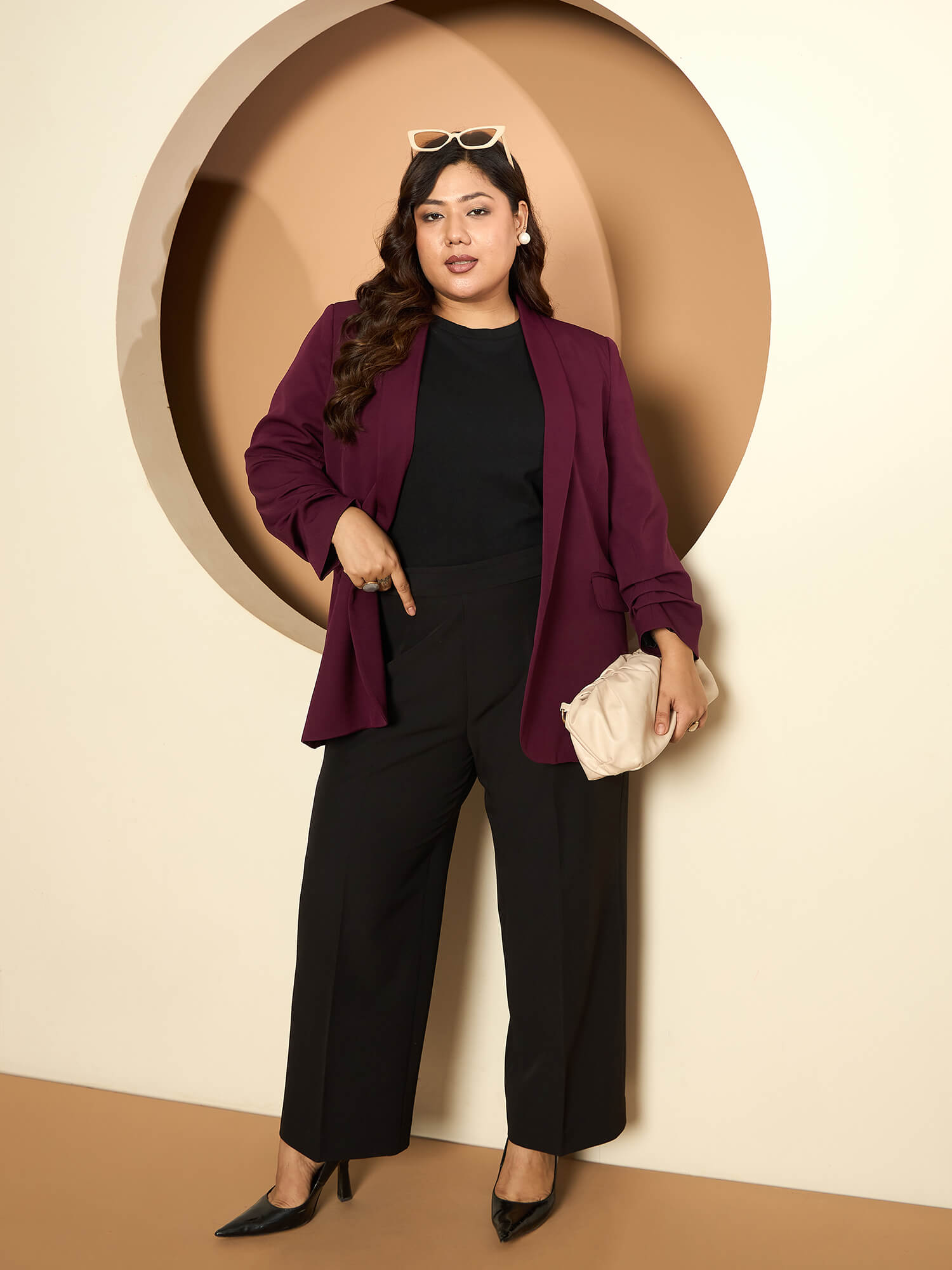 Valorous Ruched Sleeve Blazer-Burgundy