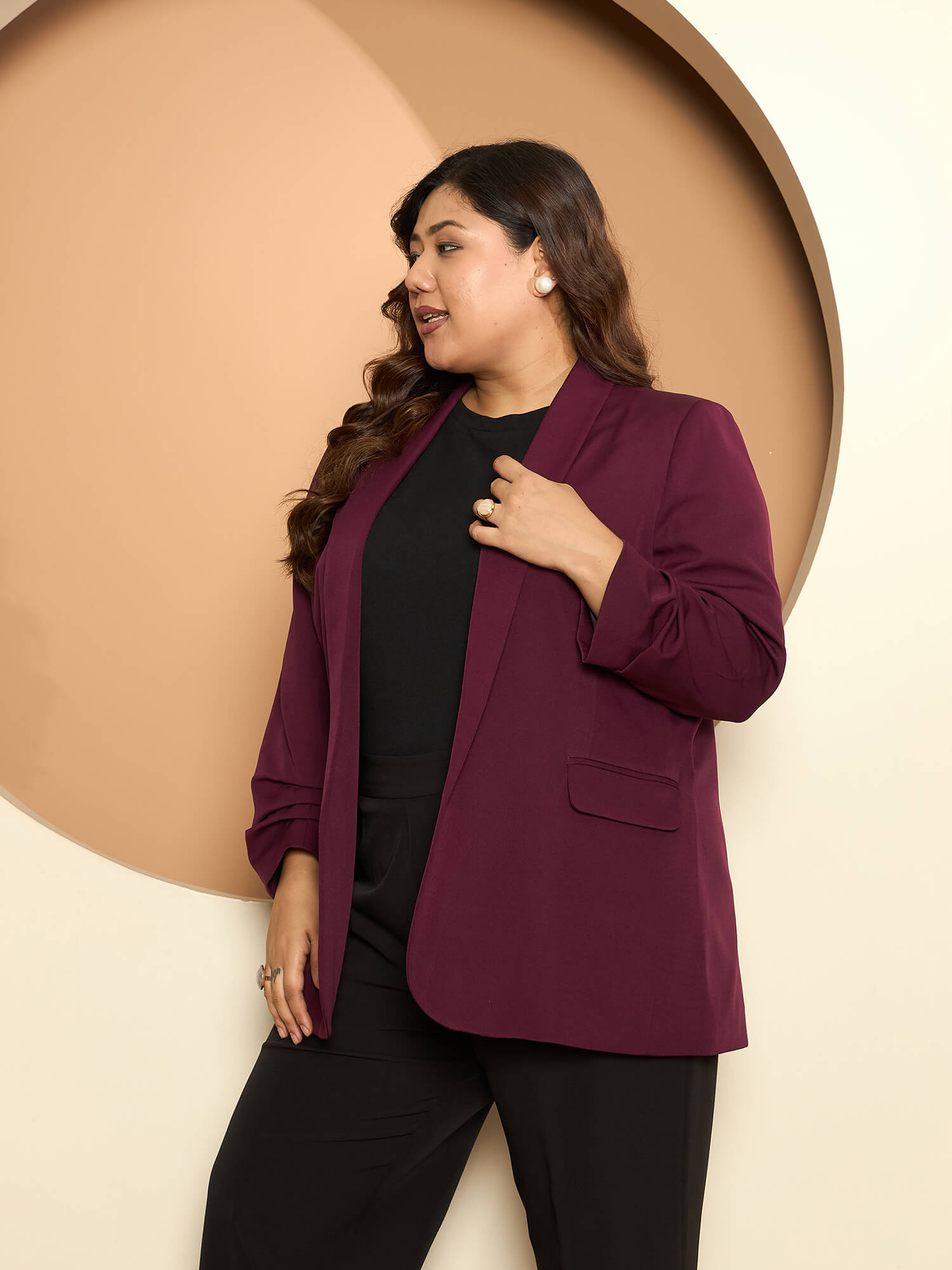LB-Valorous Ruched Sleeve Blazer-Burgundy
