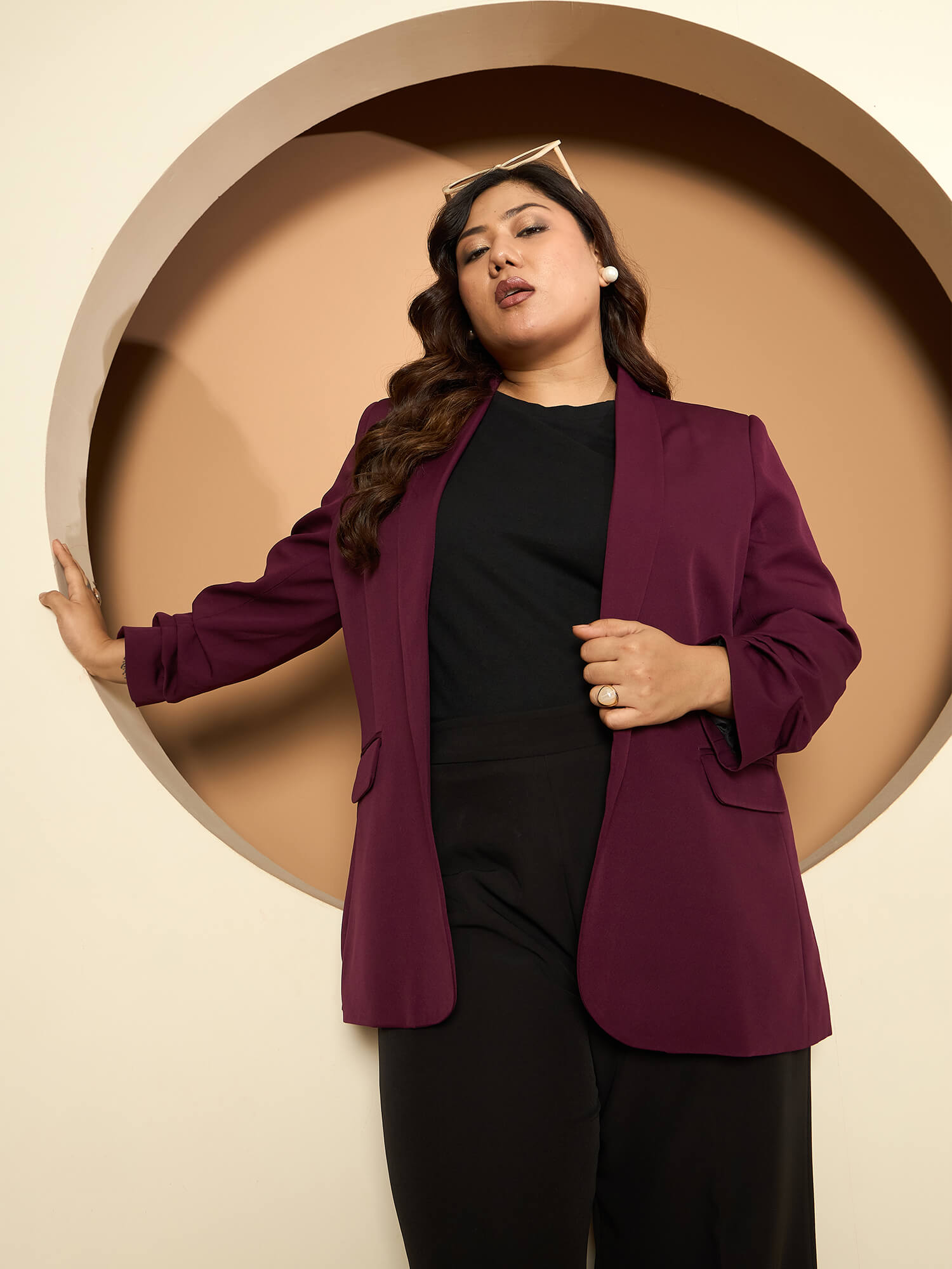 LB-Valorous Ruched Sleeve Blazer-Burgundy