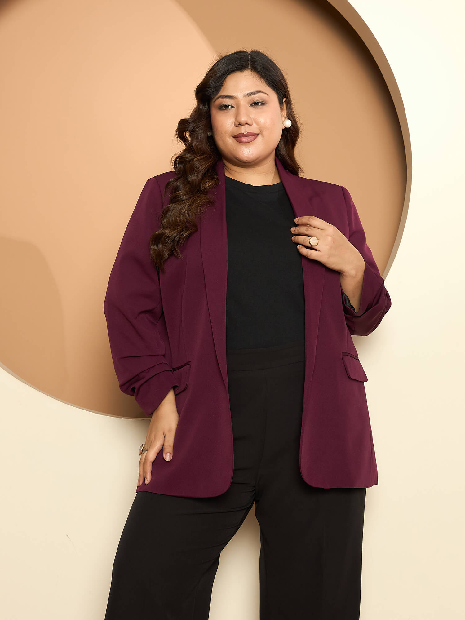 LB-Valorous Ruched Sleeve Blazer-Burgundy