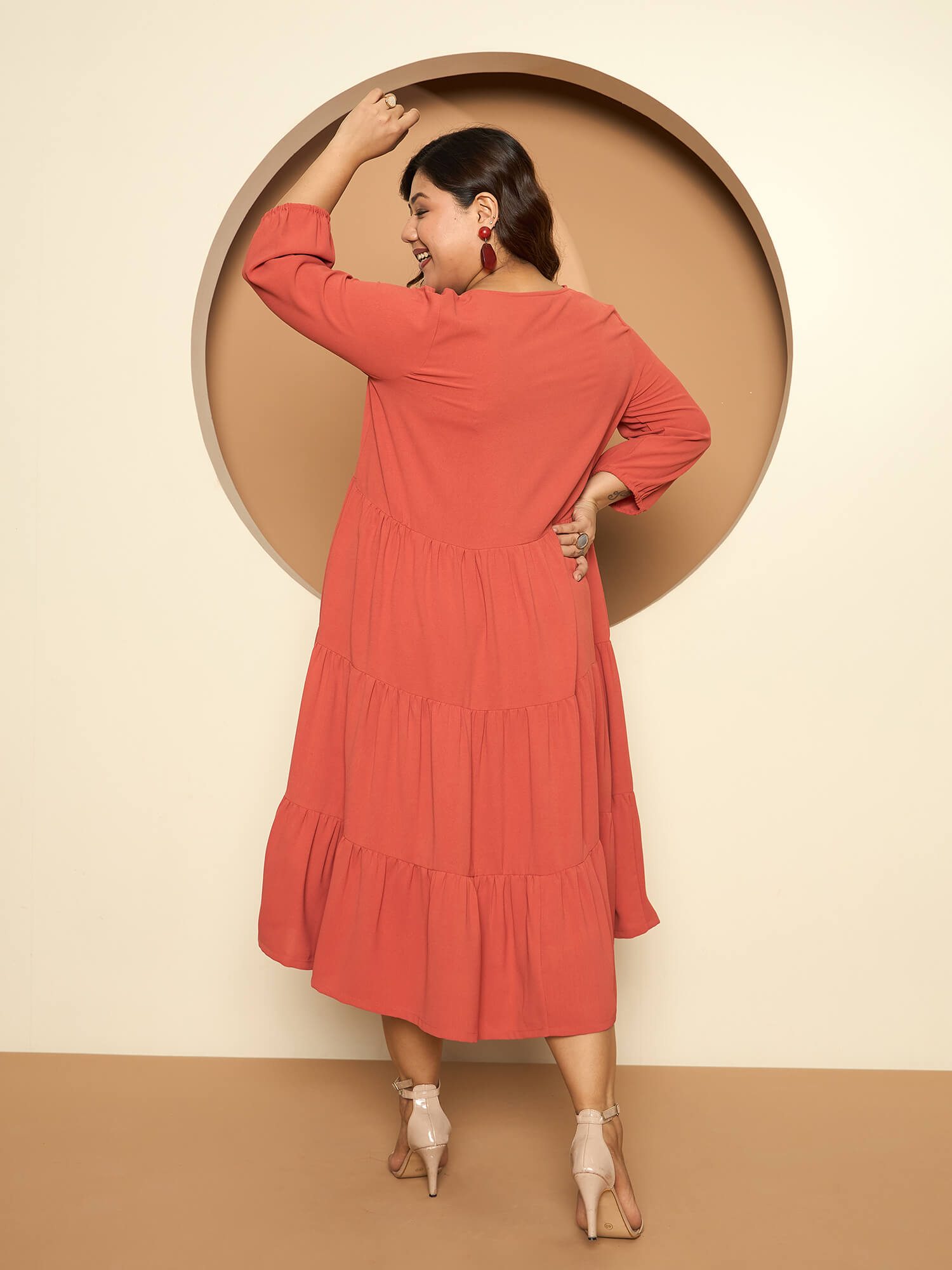 LB-Lavinia Elasticated Sleeve Tiered Dress-Rust