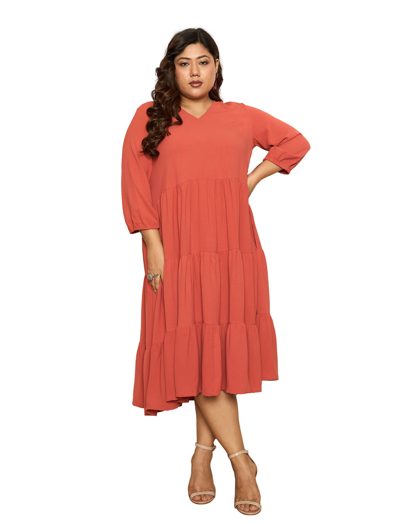 LB-Lavinia Elasticated Sleeve Tiered Dress-Rust
