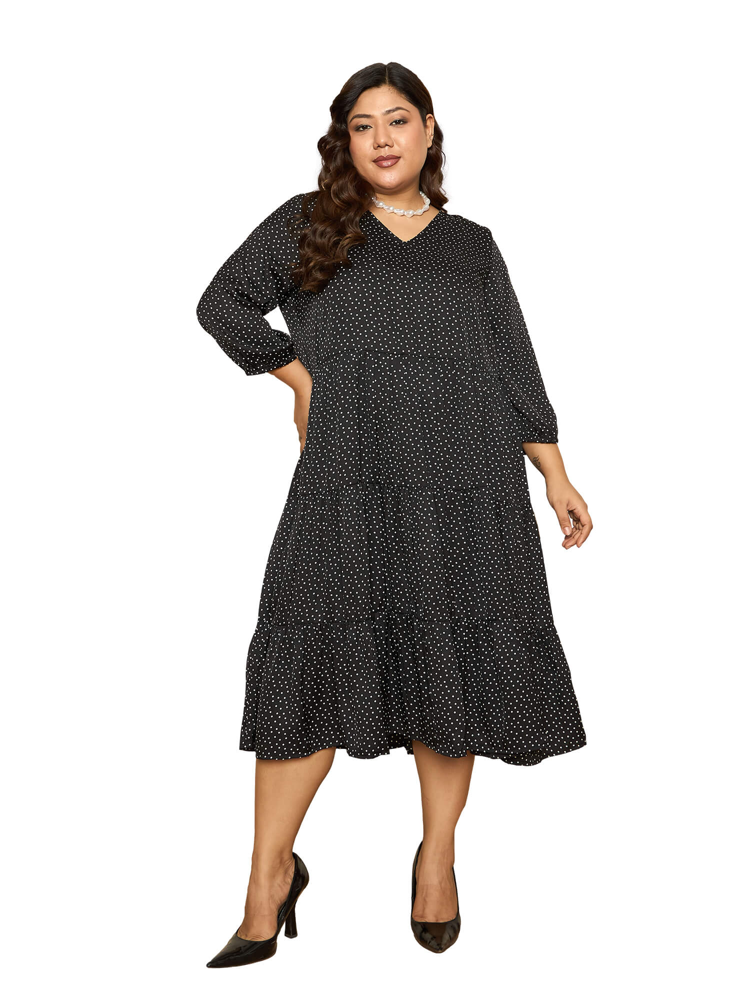 LB-Maira Elasticated Sleeve Tiered Dress-Black/White