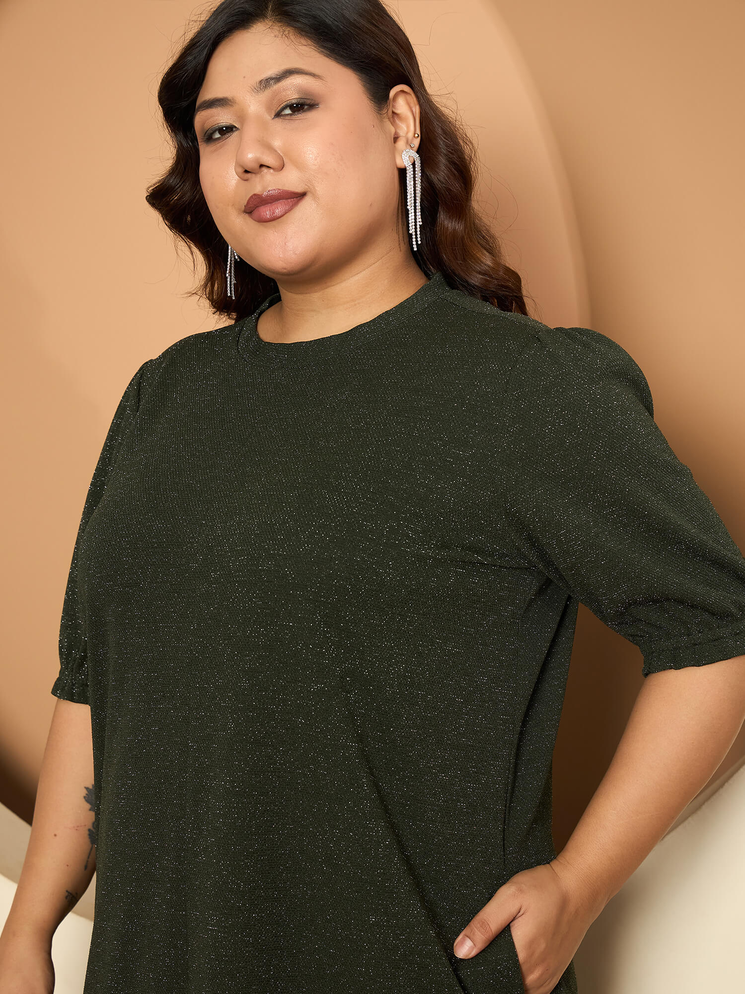 LB-Harper Gathered Sleeve Shift Dress-Dark Green