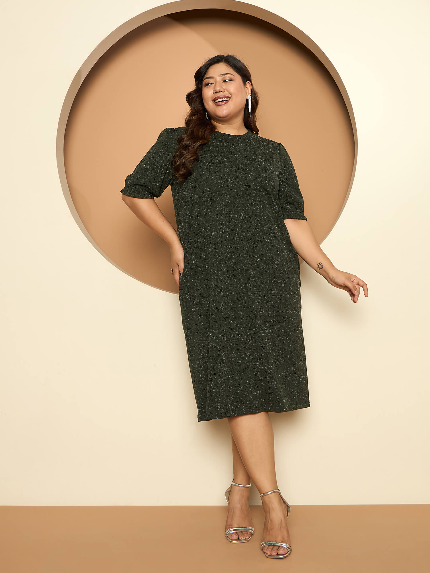 LB-Harper Gathered Sleeve Shift Dress-Dark Green