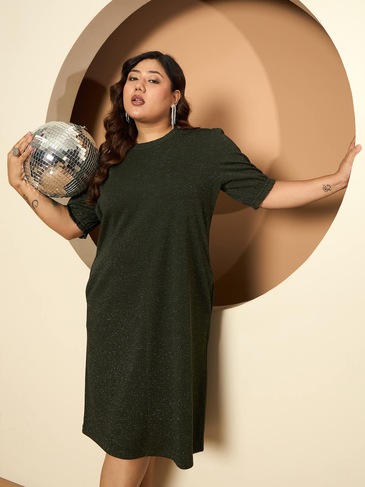 LB-Harper Gathered Sleeve Shift Dress-Dark Green