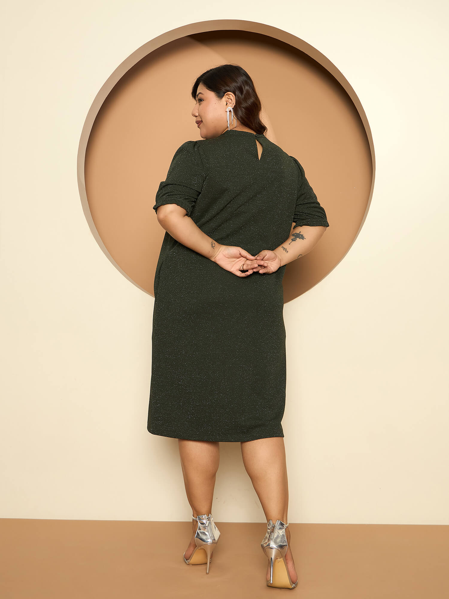 LB-Harper Gathered Sleeve Shift Dress-Dark Green