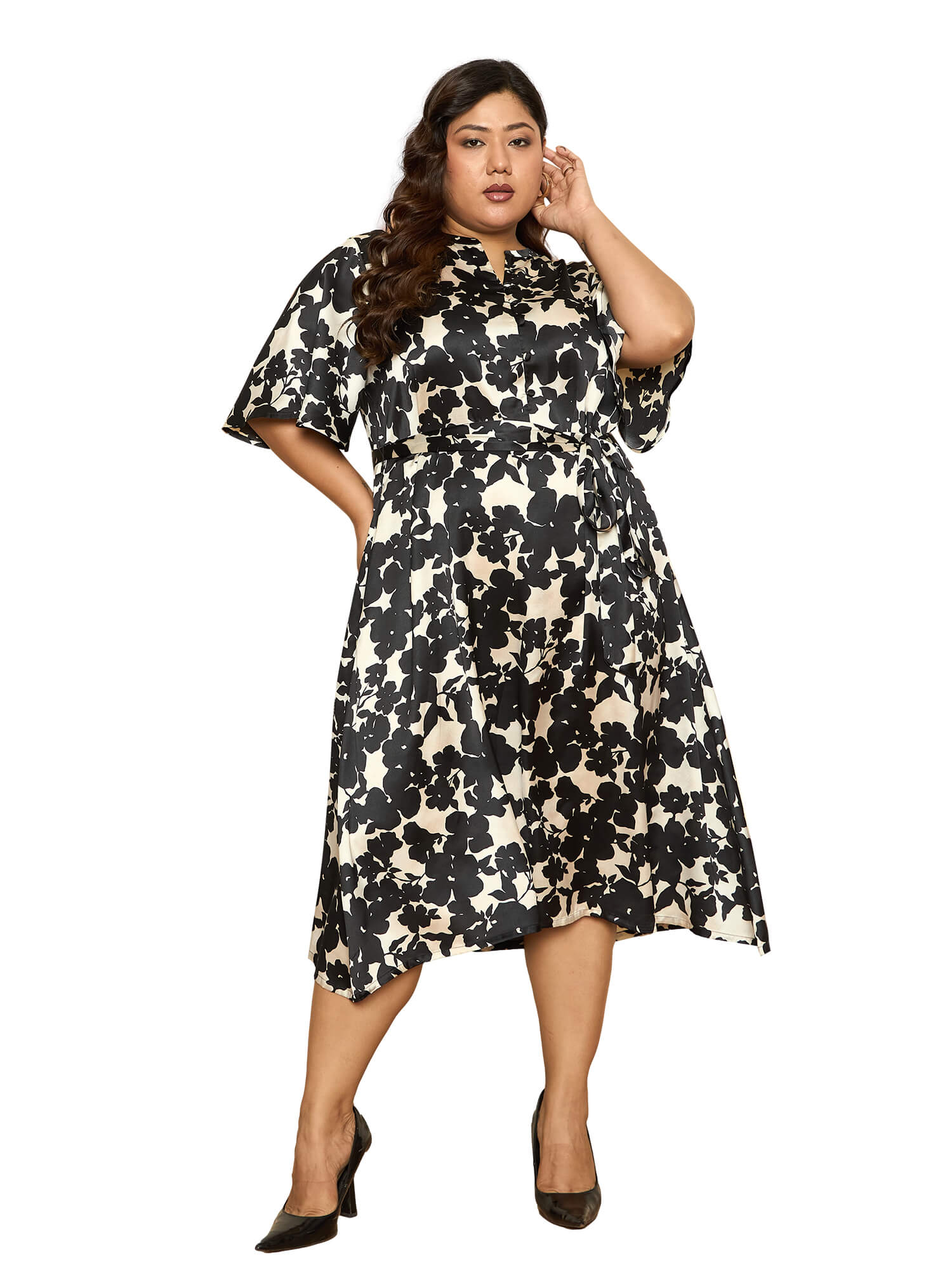 LB-Alana Fit and Flared Belted Dress-White/Black