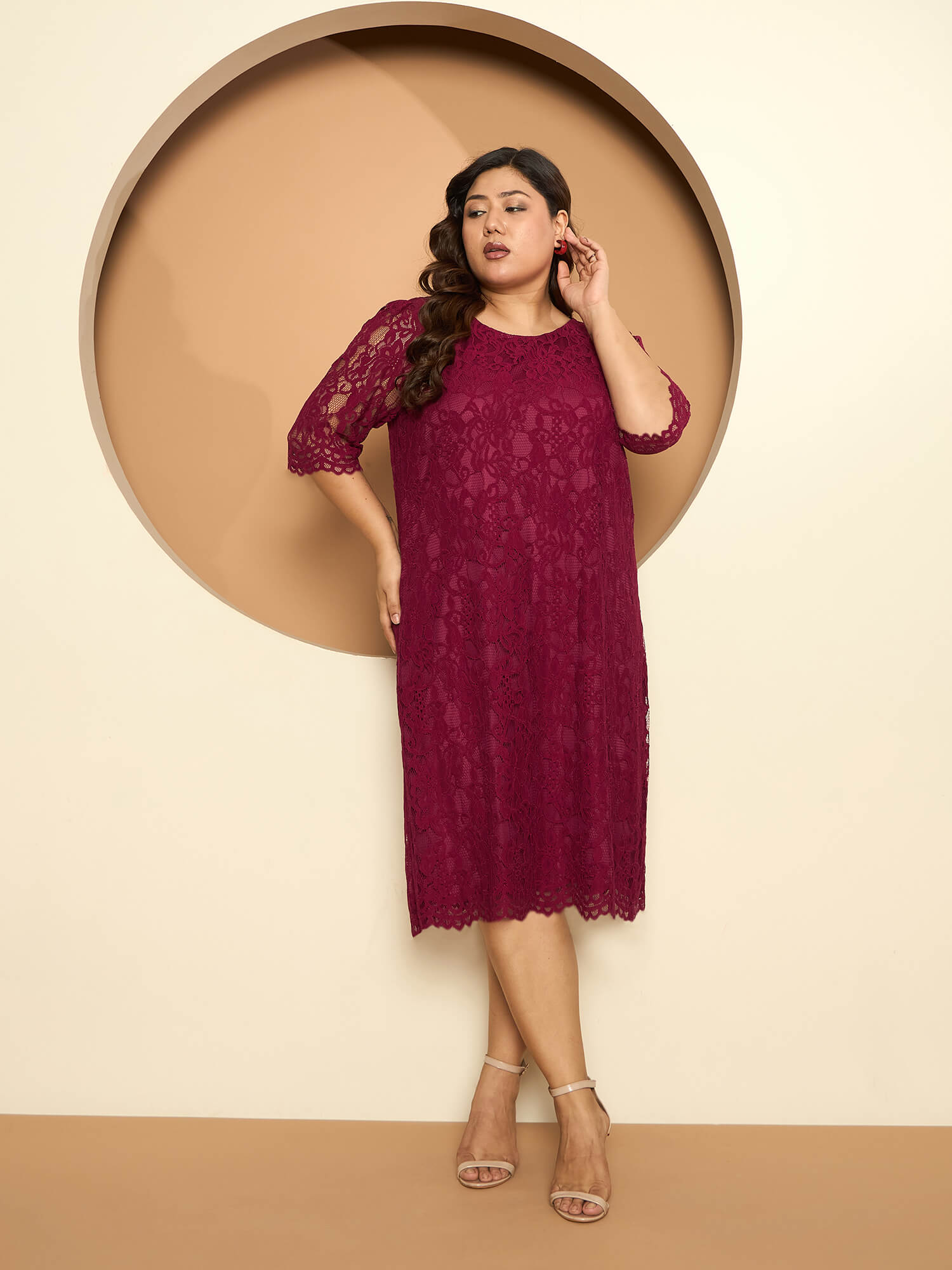 LB-Gladis Lace Shift Dress-Burgundy