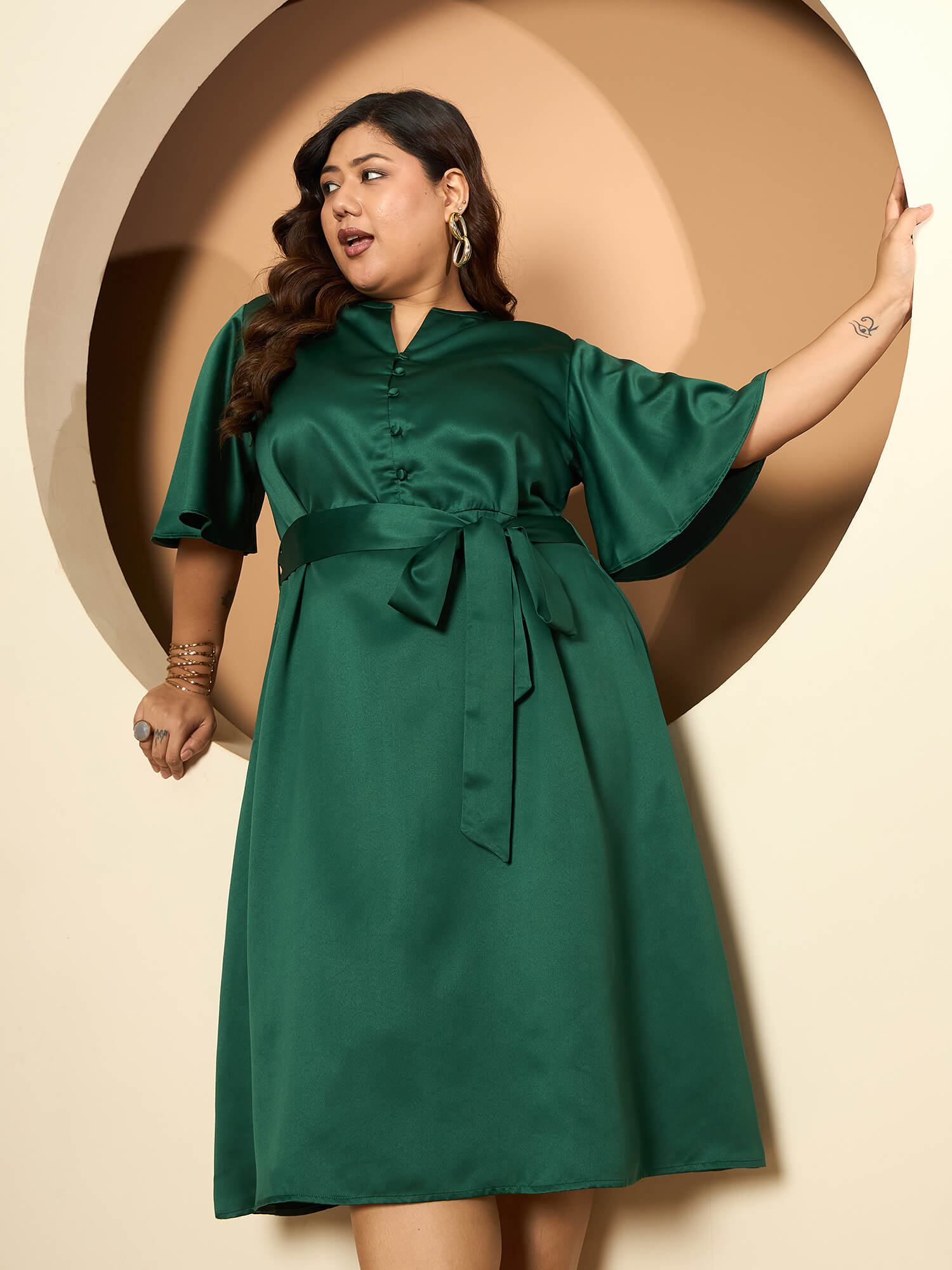 LB-Alana Fit and Flared Belted Dress-Emerald Green