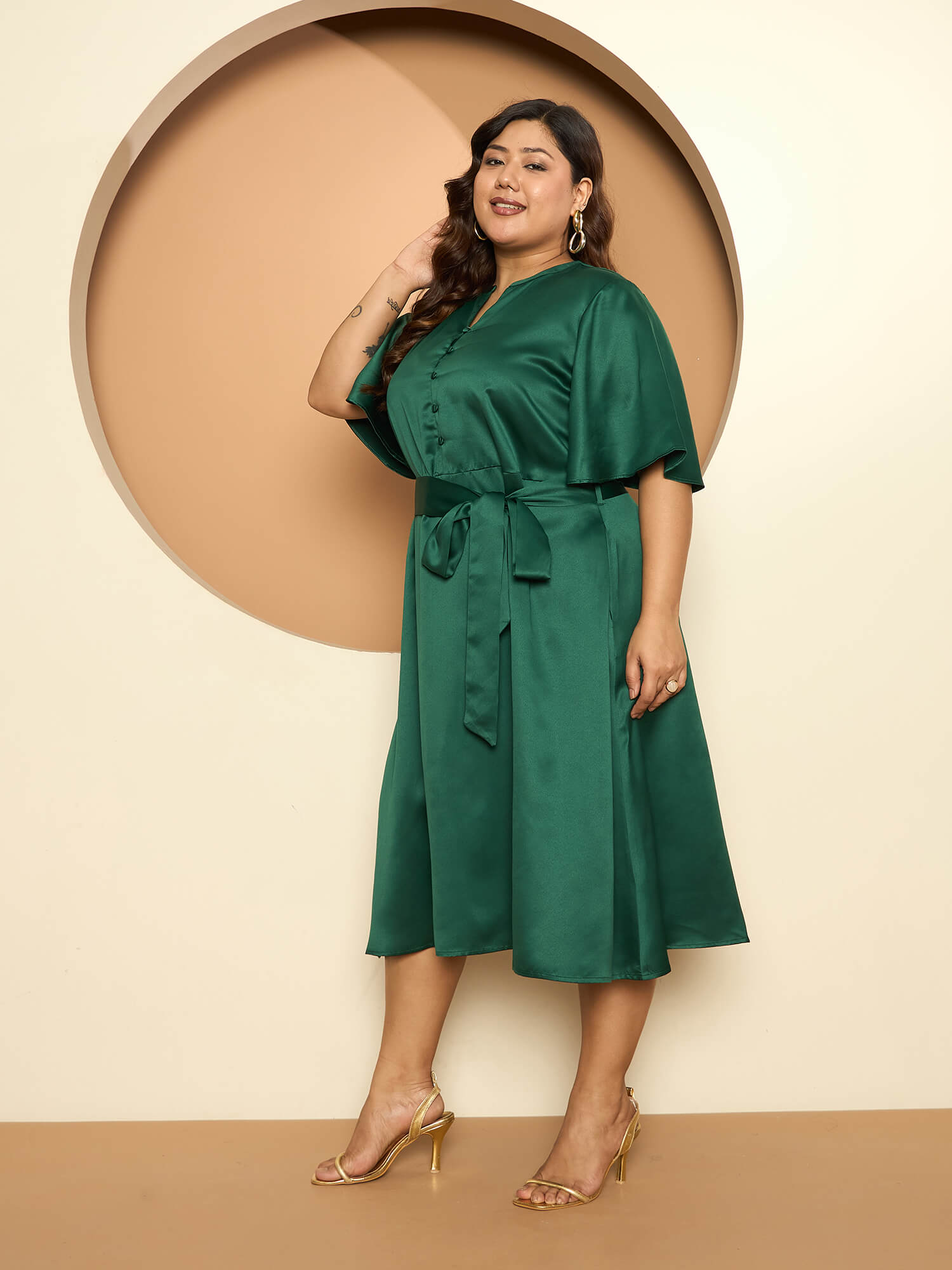 LB-Alana Fit and Flared Belted Dress-Emerald Green