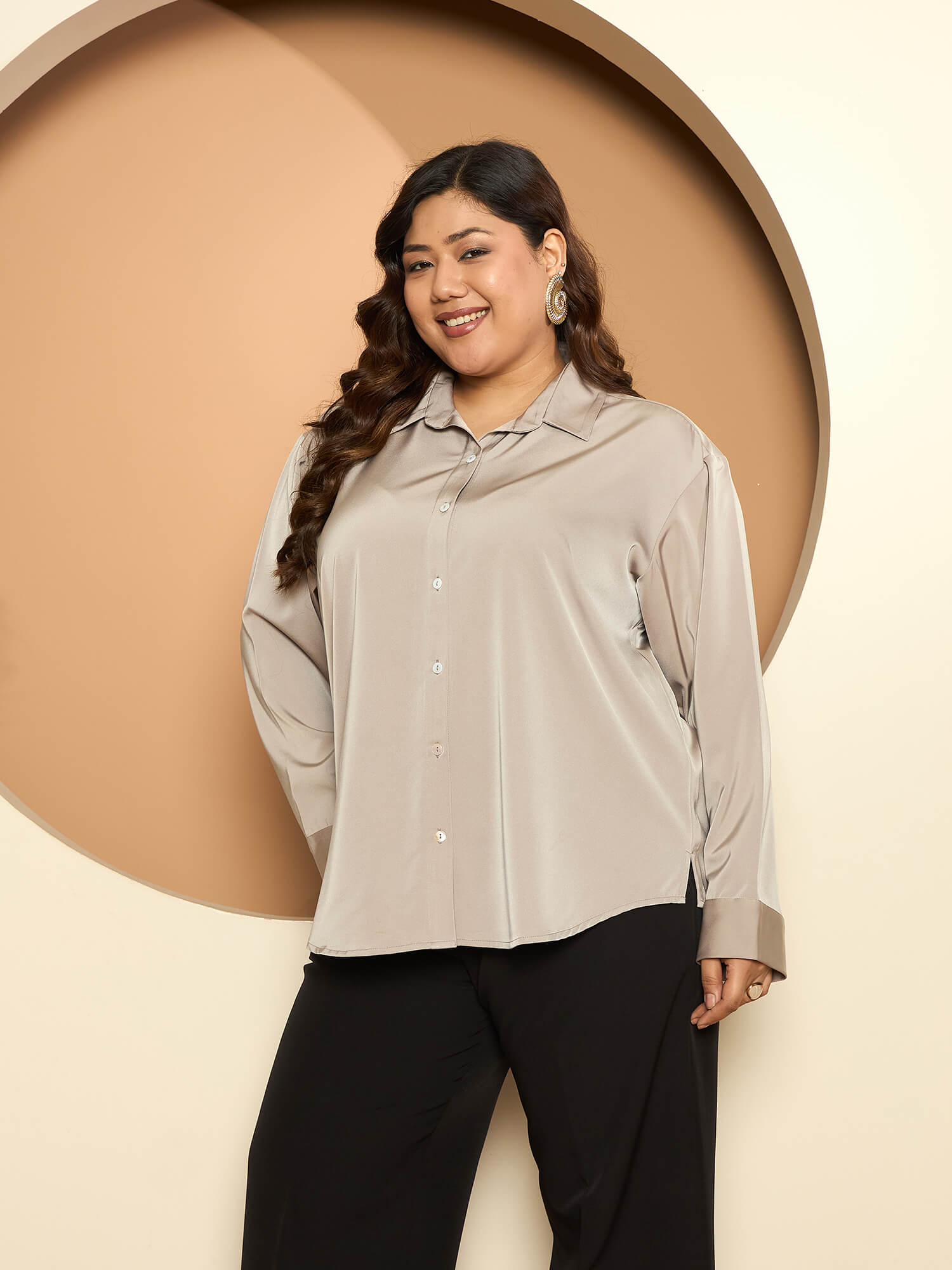LB-Nicola Satin Button Down Shirt-Champagne