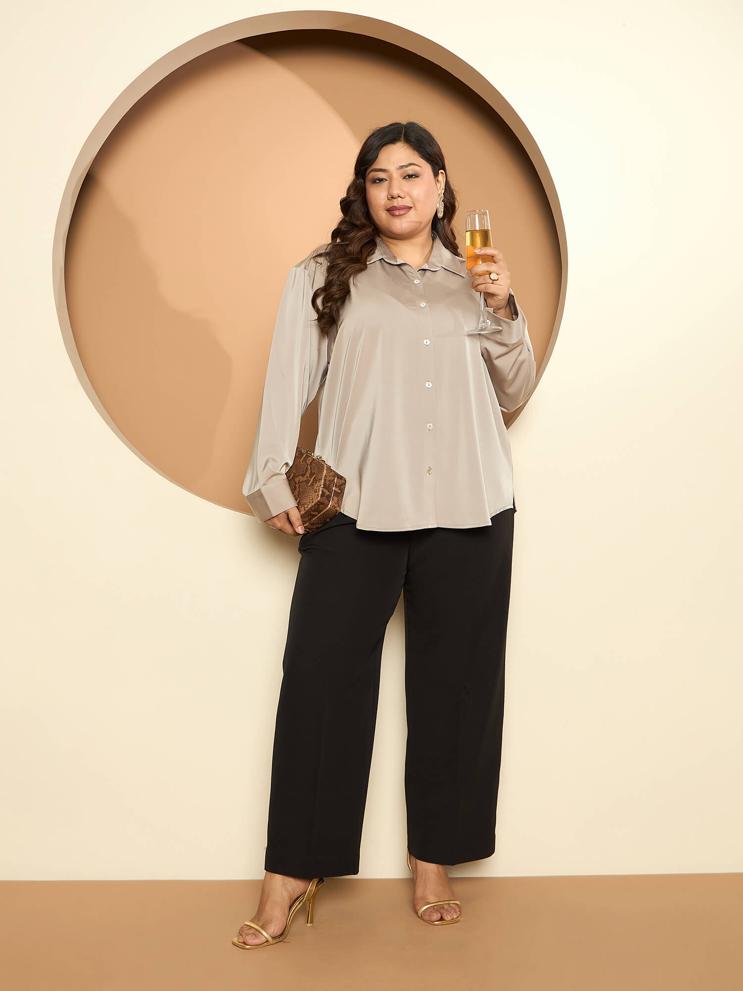 LB-Nicola Satin Button Down Shirt-Champagne