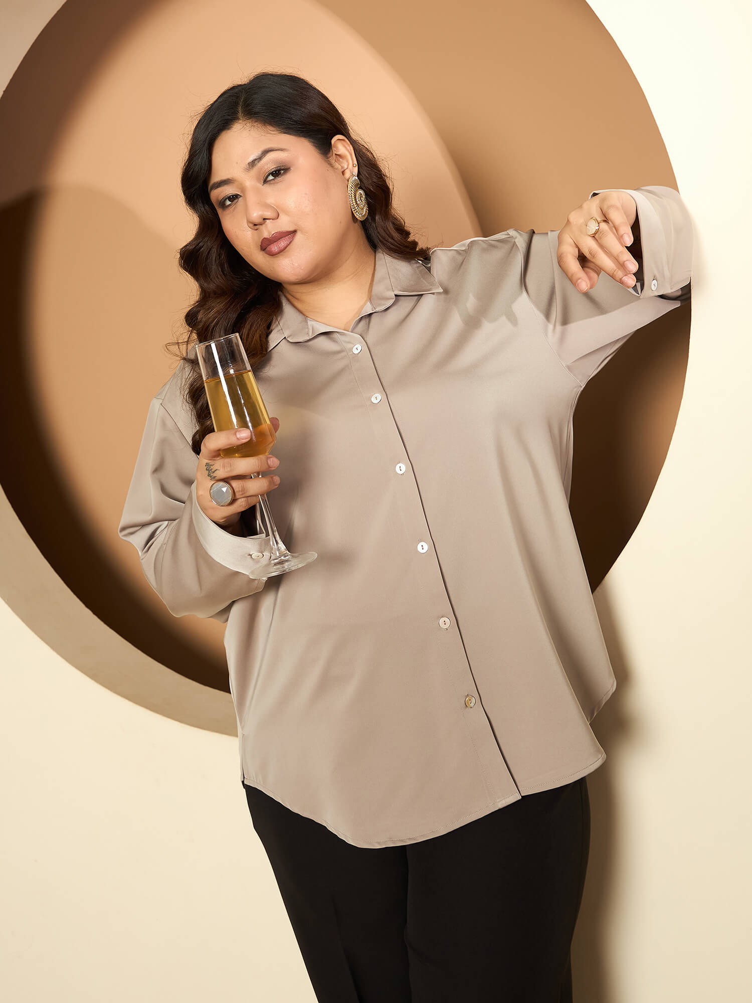 LB-Nicola Satin Button Down Shirt-Champagne