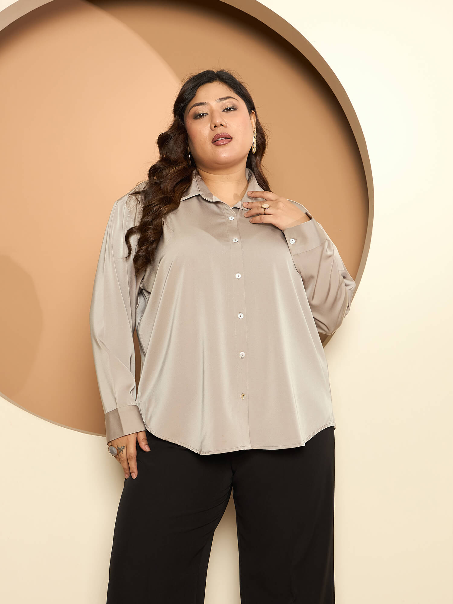 LB-Nicola Satin Button Down Shirt-Champagne