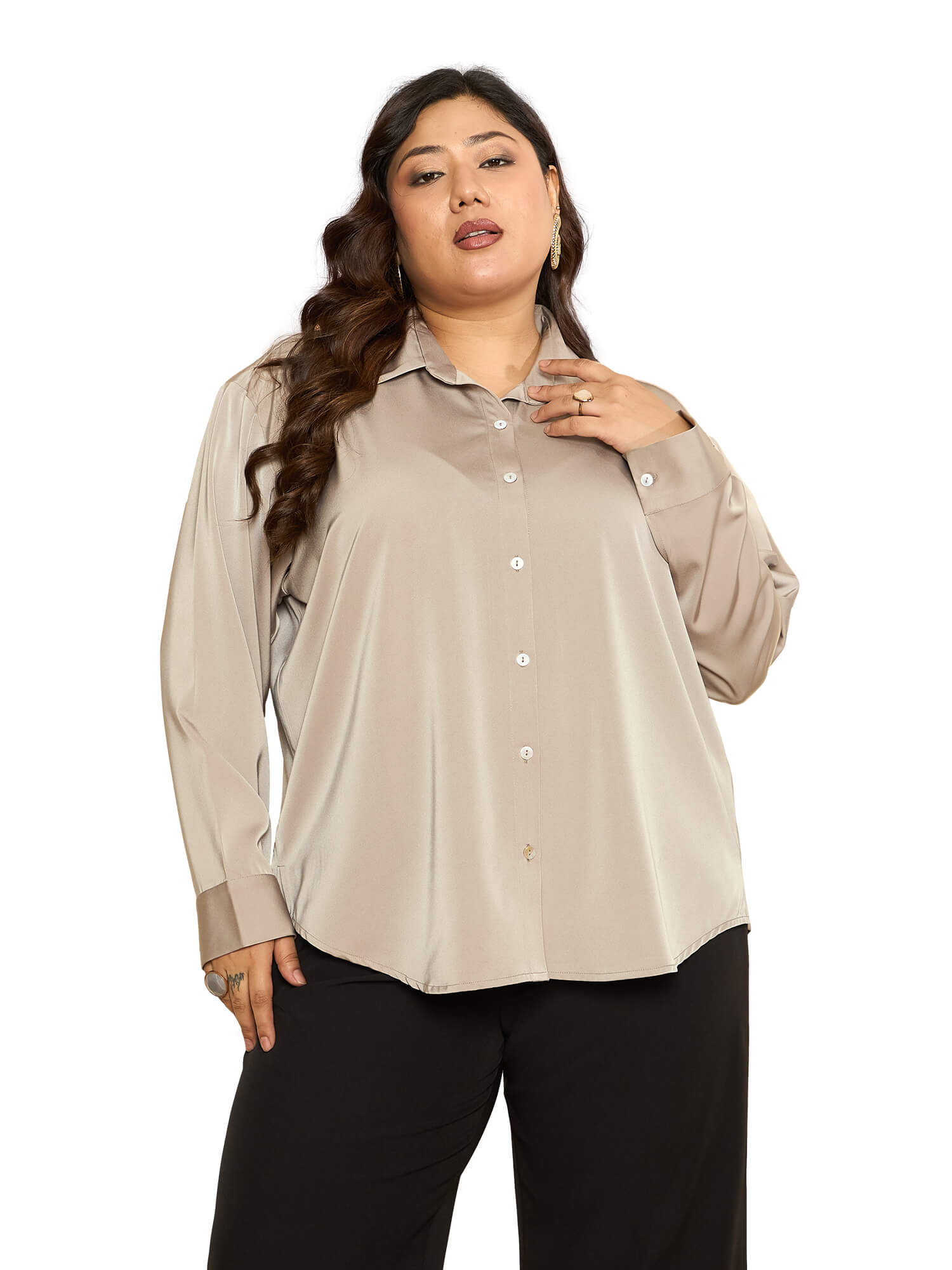 LB-Nicola Satin Button Down Shirt-Champagne