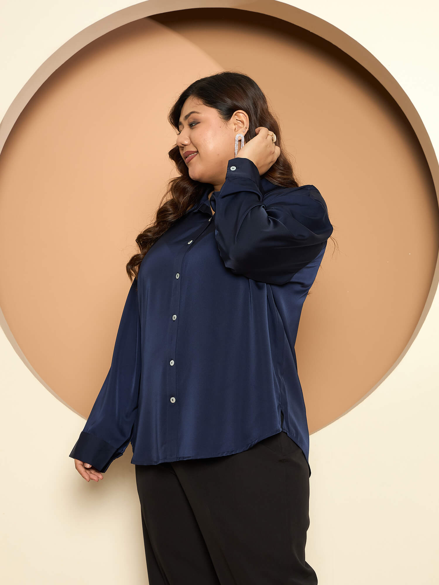 LB-Nicola Satin Button Down Shirt-Navy