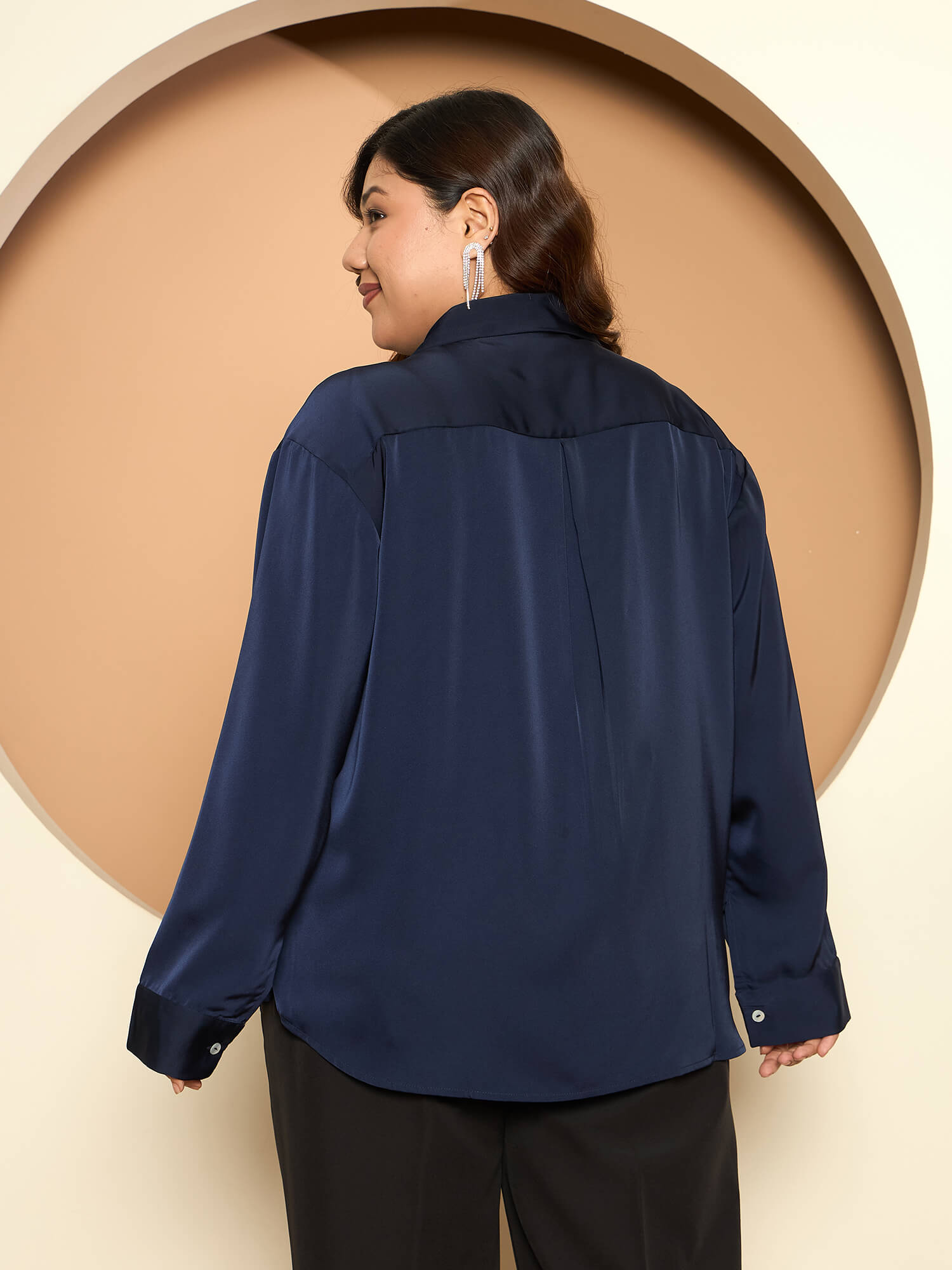 LB-Nicola Satin Button Down Shirt-Navy