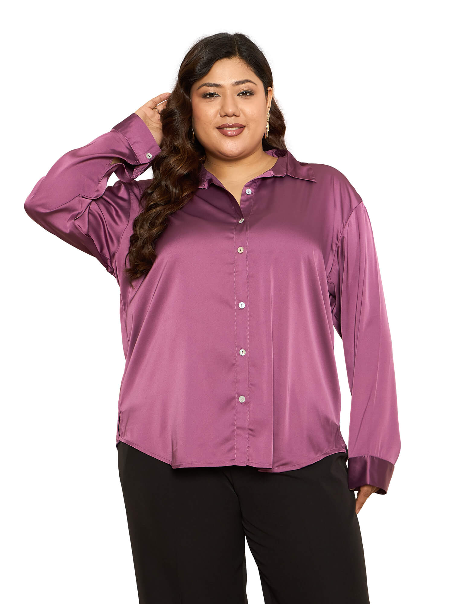 LB-Nicola Satin Button Down Shirt-Mauve Purple