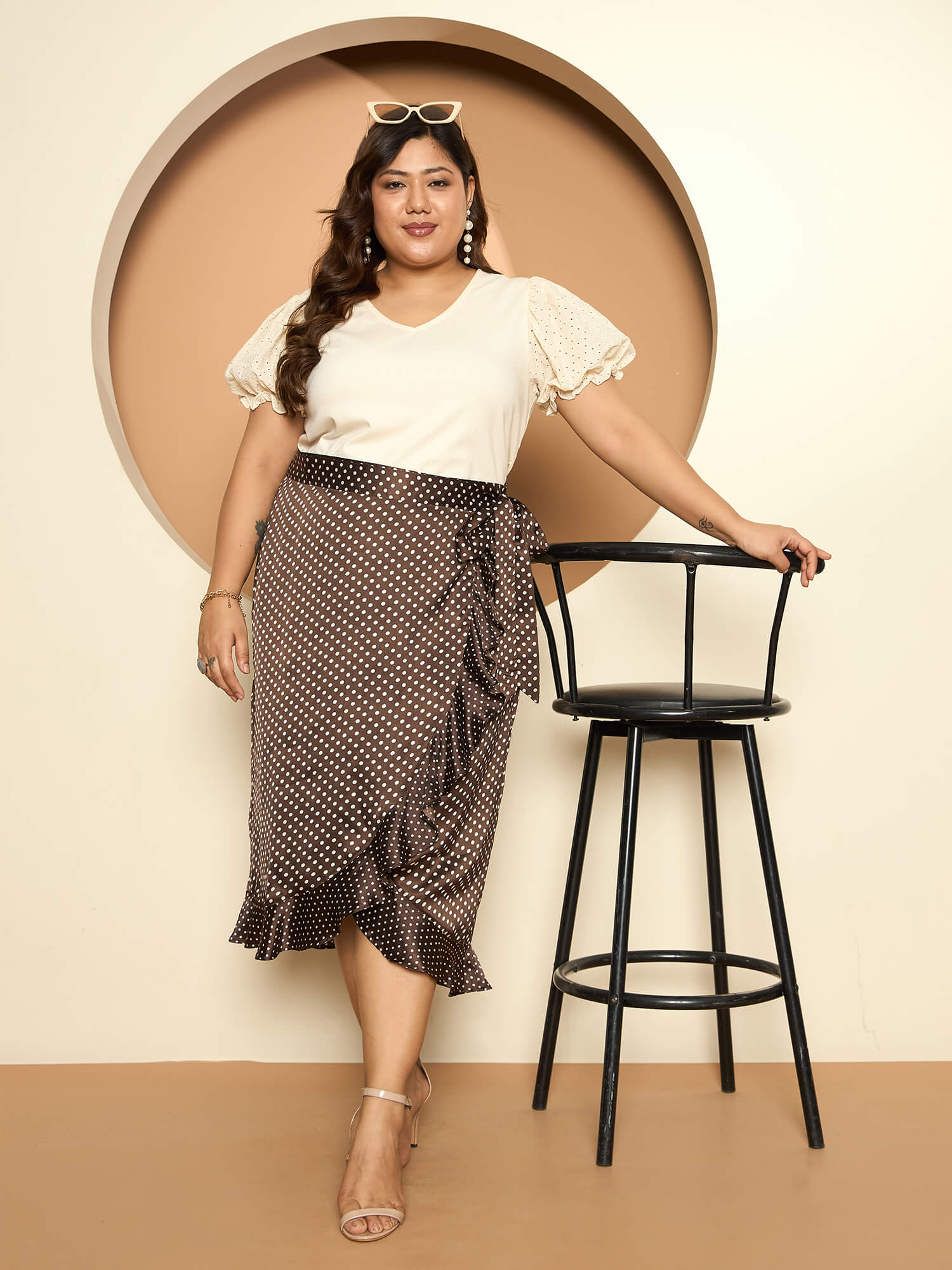 LB-Betty Ruffle Detail Wrap Skirt-Brown/Ecru